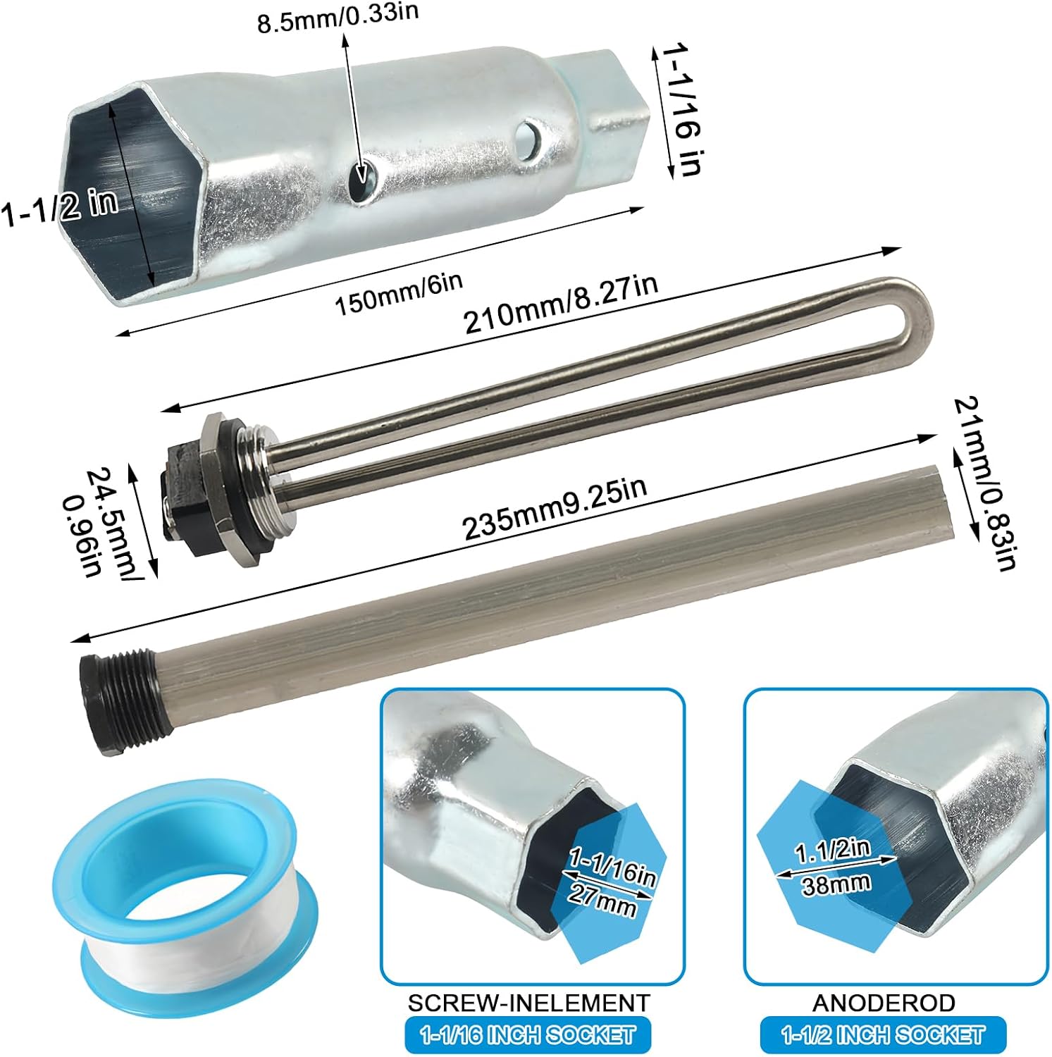 4pcs RV Water Heater Elements,Including 1 Anode Rod,1 Electric Heater Element,1 Hex Wrench,1 Adhesive Tape,RV Hot Water Heater Parts
