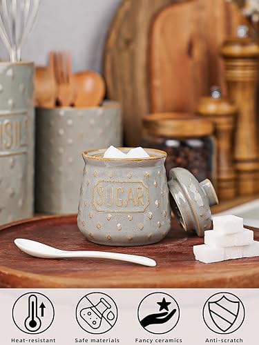 Miniatura 3 de Azucarero con tapa y cuchara, recipiente de cerámica de 10 onzas para accesorios de cocina, contenedores de almacenamiento de azúcar, decoración de