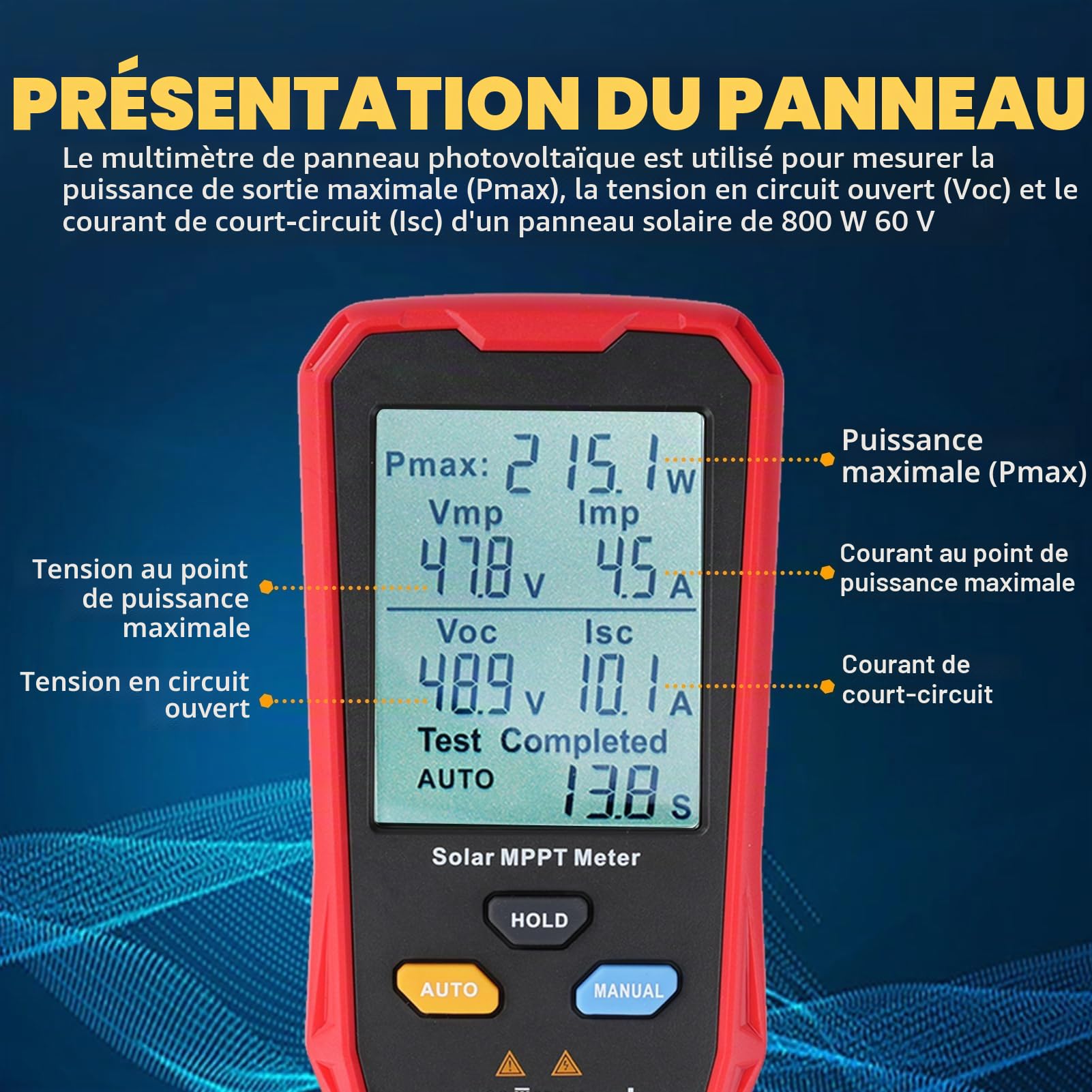 Buyweek Testeur de panneaux solaires 800 W Multimètre PV avec écran LCD, Compteur de puissance MPPT for panneaux solaires