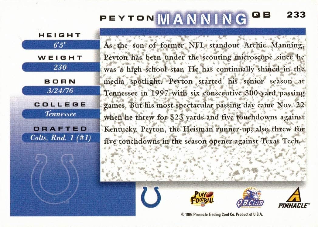1998 Score Football #233 Peyton Manning Rookie Card