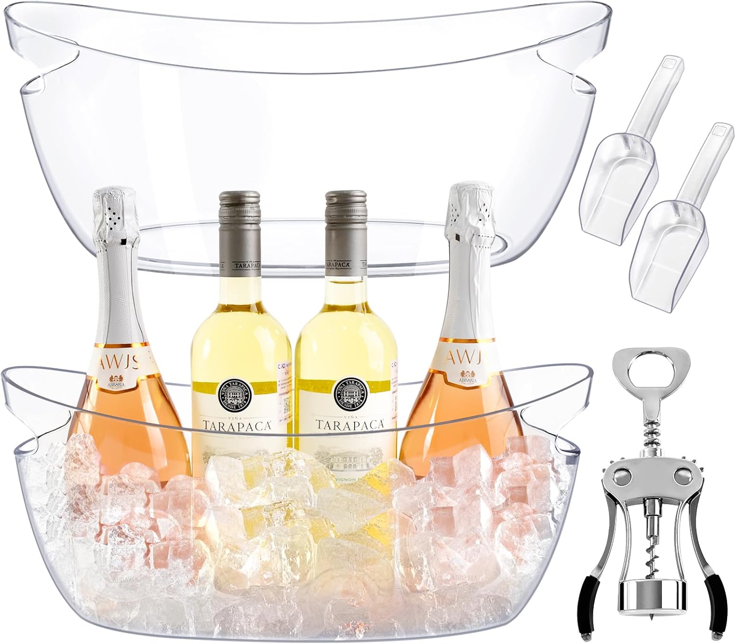 Ice Buckets for Parties 2 Packs,Ice Bucket with Scoops&Metal Wine Bottle Opener,Clear Acrylic Ice Champagne Buckets Tub for Parties,Mimosa Bar Supplies,Beer,Beverage&Drinks 5.5L (16.53 x 7.3 x 6.8in)