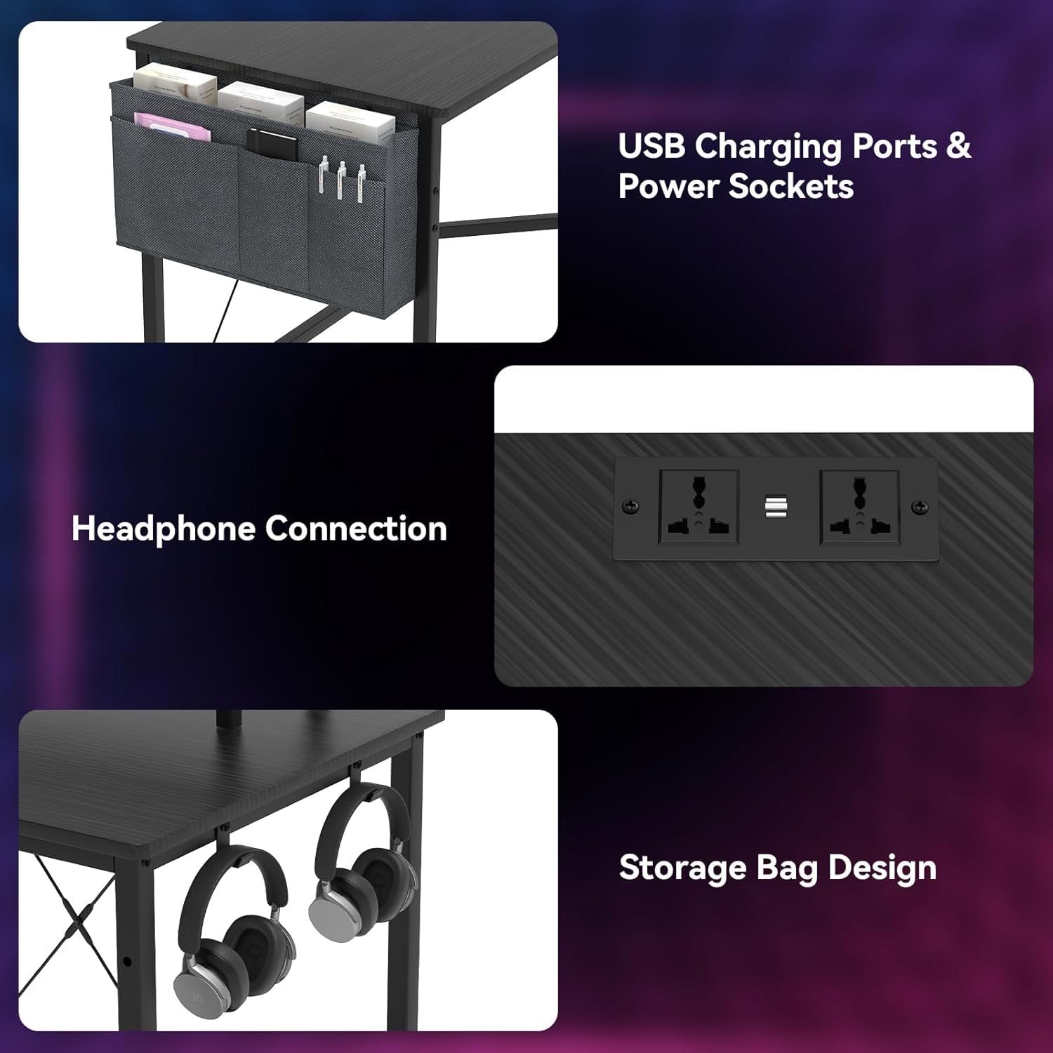 Bureau Gaming Angle, Bureau d'angle Gaming avec 2 Prises Electriques et 2 Ports USB, 135 * 160 * 75 cm Table Gaming d'Ordinateur avec Support d'écran Bureau Noir