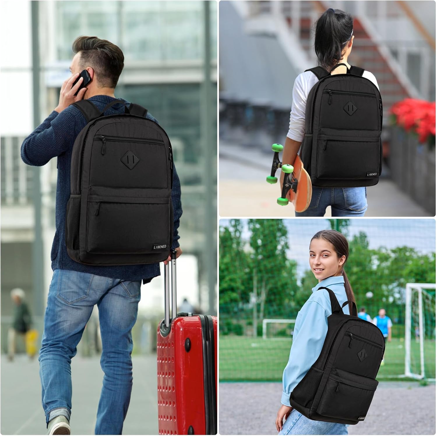 School Backpack Teen Boys and Girls, Classical Basic Black Backpack, 15.6 Inch Laptop Bookbag with USB Charger for Women Men, and College High School - Image 7