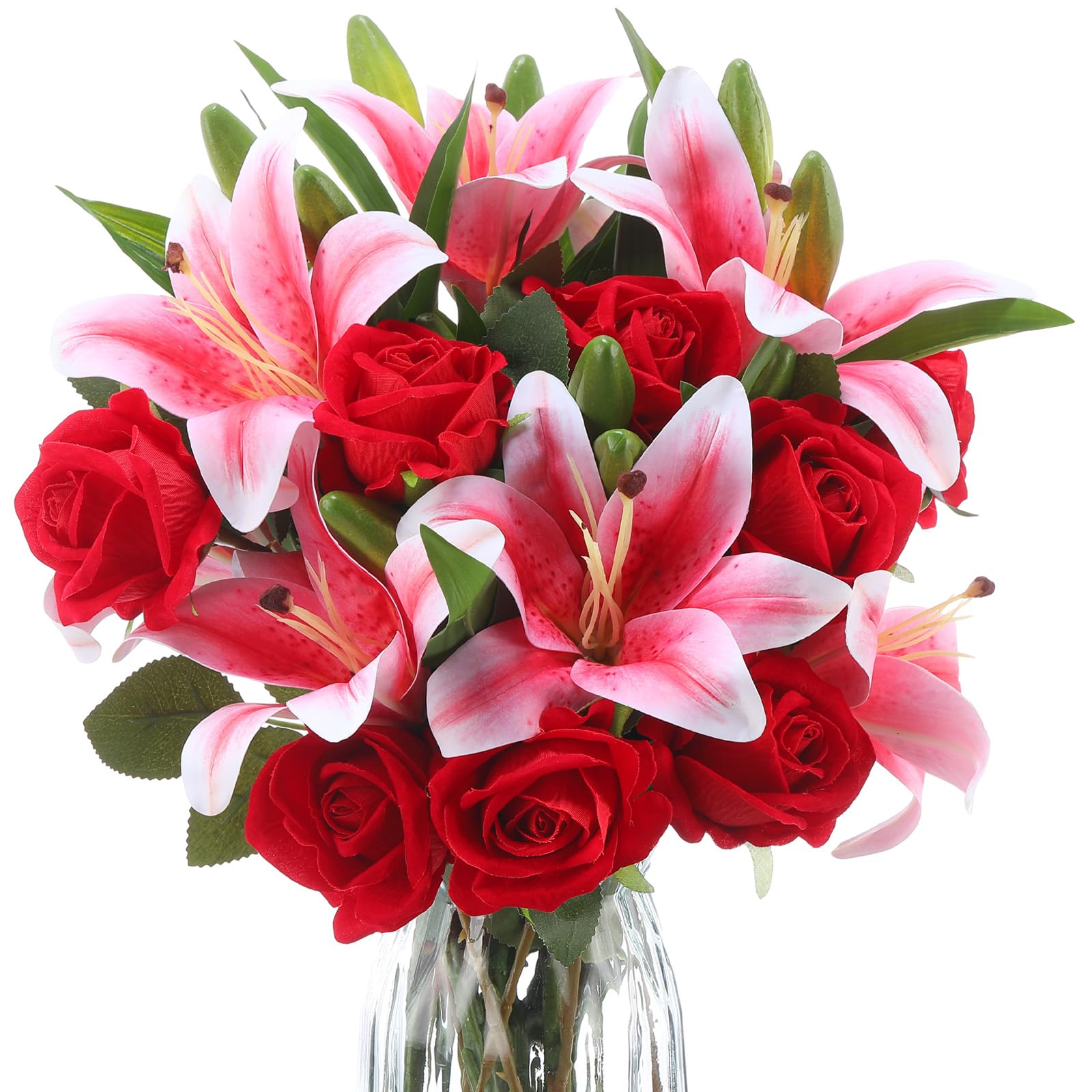 Hotop 20 Pcs Artificial Flowers Mother's Day Velvet Realistic Roses and Latex Lilies Flowers Bouquet Decorations Arrangements for Home Table Centerpieces Wedding Decor(Pink, Red) โ image 1