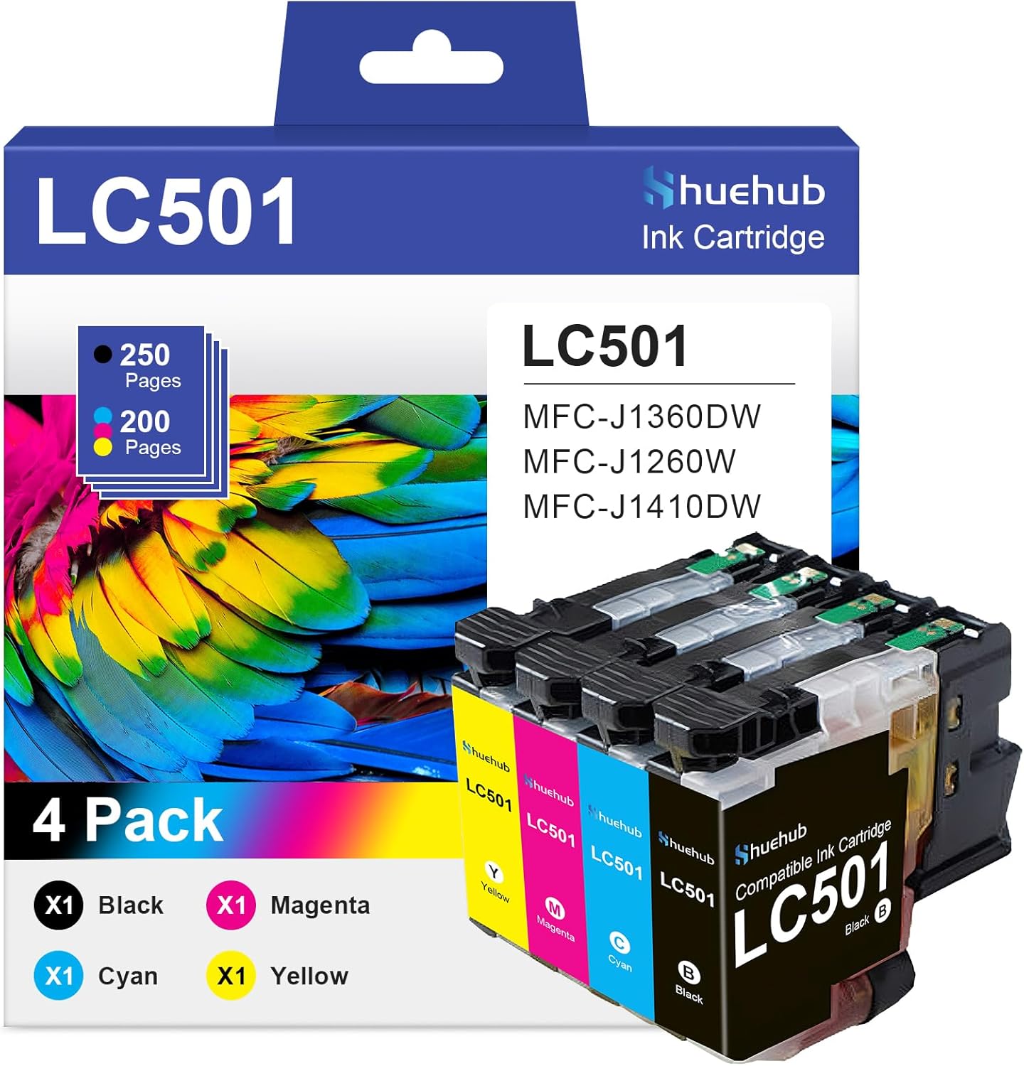 LC501 Standard Yield Ink Cartridges Replactment for Brother LC501 LC501XL LC 501 LC501BK LC501C LC501M LC501Y Ink Cartridge for MFC-J1360DW MFC-J1260W MFC-J1410DW Printer, 4-Pack