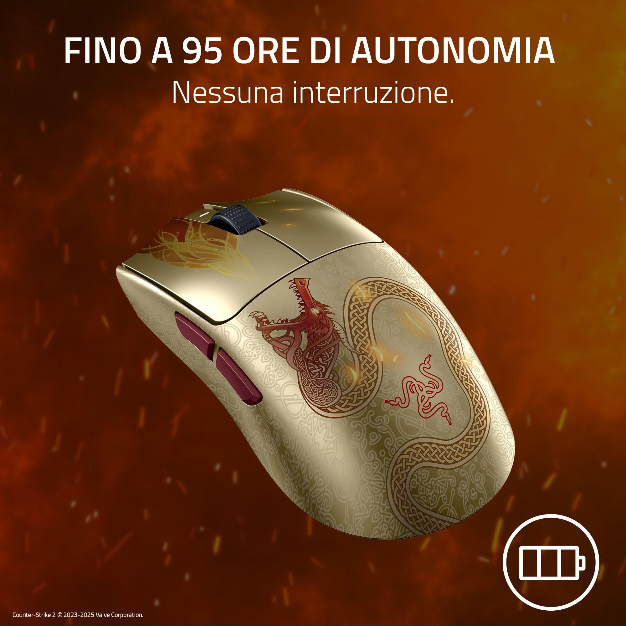Razer Viper V3 Pro Counter-Strike 2 Dragon Lore - Mouse da gioco wireless ultraleggero per eSport - 55g - 8K HyperPolling - Sensore Pro 35K DPI - 2,4GHz HyperSpeed - 95 ore - PC/Mac | Dragon Lore