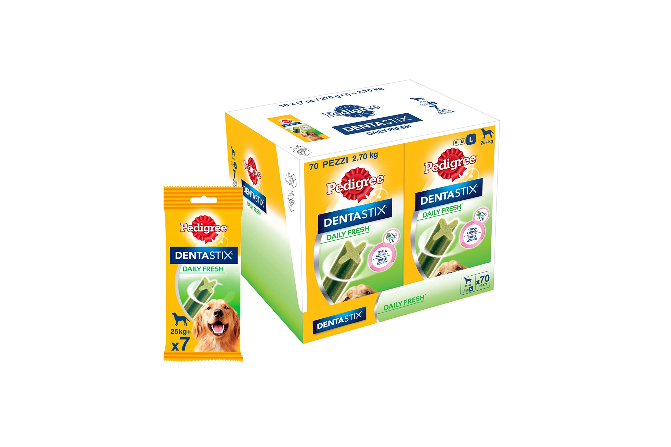 Pedigree Dentastix Fresh 70 Snack per la Igiene Orale (Cane Grande 25 kg+) 270 g 7 Bastoncini - 10 Pacchetti (70 Bastoncini in Totale)