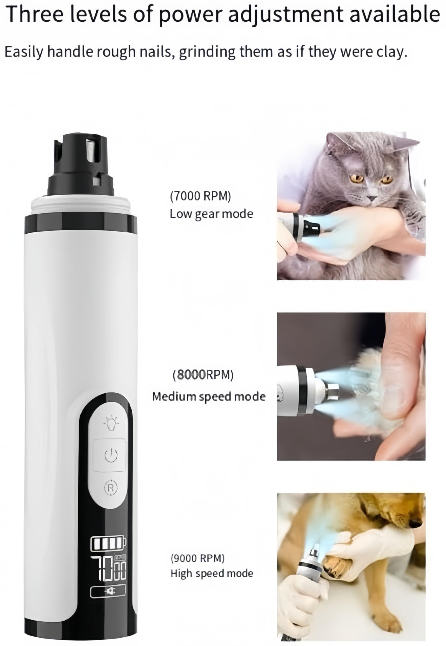 Lima per unghie a LED con 3 impostazioni di velocità, smerigliatrice per unghie delicate, strumento sicuro per toelettatura per artigli spessi e sensibili per animali domestici, cani, gatti, cani, per