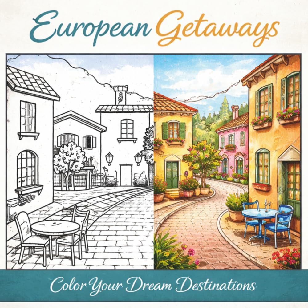 European Getaways: A Relaxing European Coloring Book for Adults Featuring Charming Villages, Cozy Cafés, Cobblestone Streets and Scenic Travel Destinations to Color