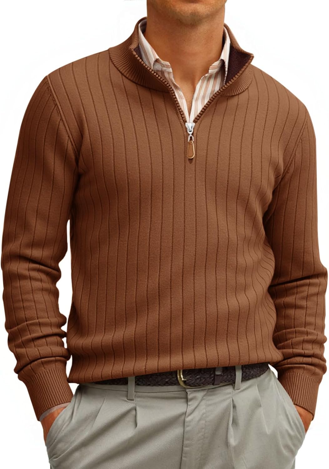 Runcati Mens Quarter Zip Sweater Mock Neck Casual Ribbed Knit Pullover Fall Lightweight Polo Sweaters