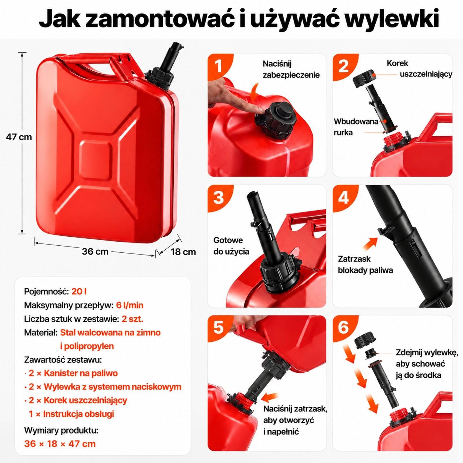 Kanister na Paliwo 20 l, Metalowy Pojemnik na Benzynę z Dziobkiem i Uchwytem, Czerwony do Samochodu, Motocykla, ATV i UTV, 2 szt