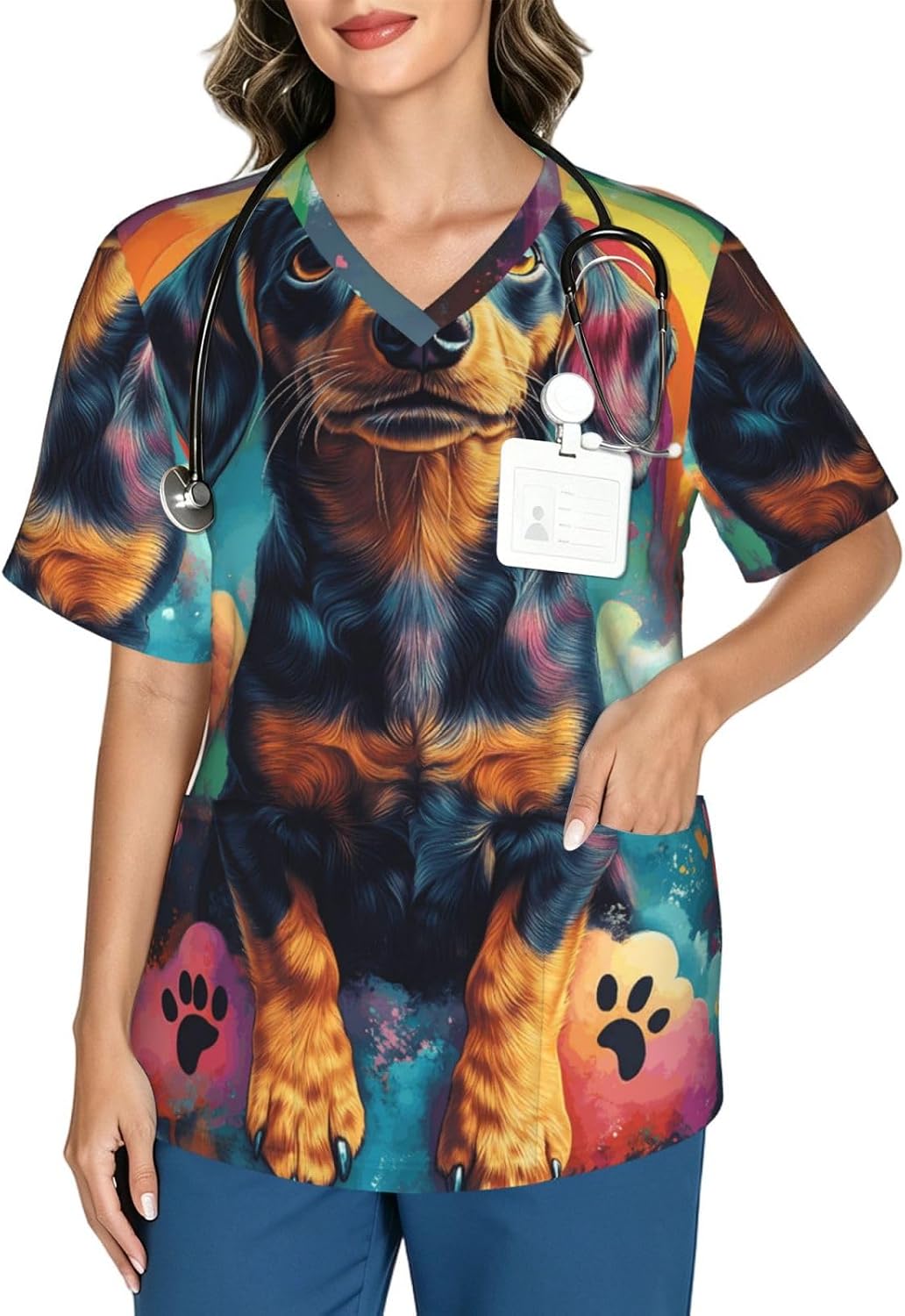 Women's Work Scrub Top, Funny Dachshund Rainbow