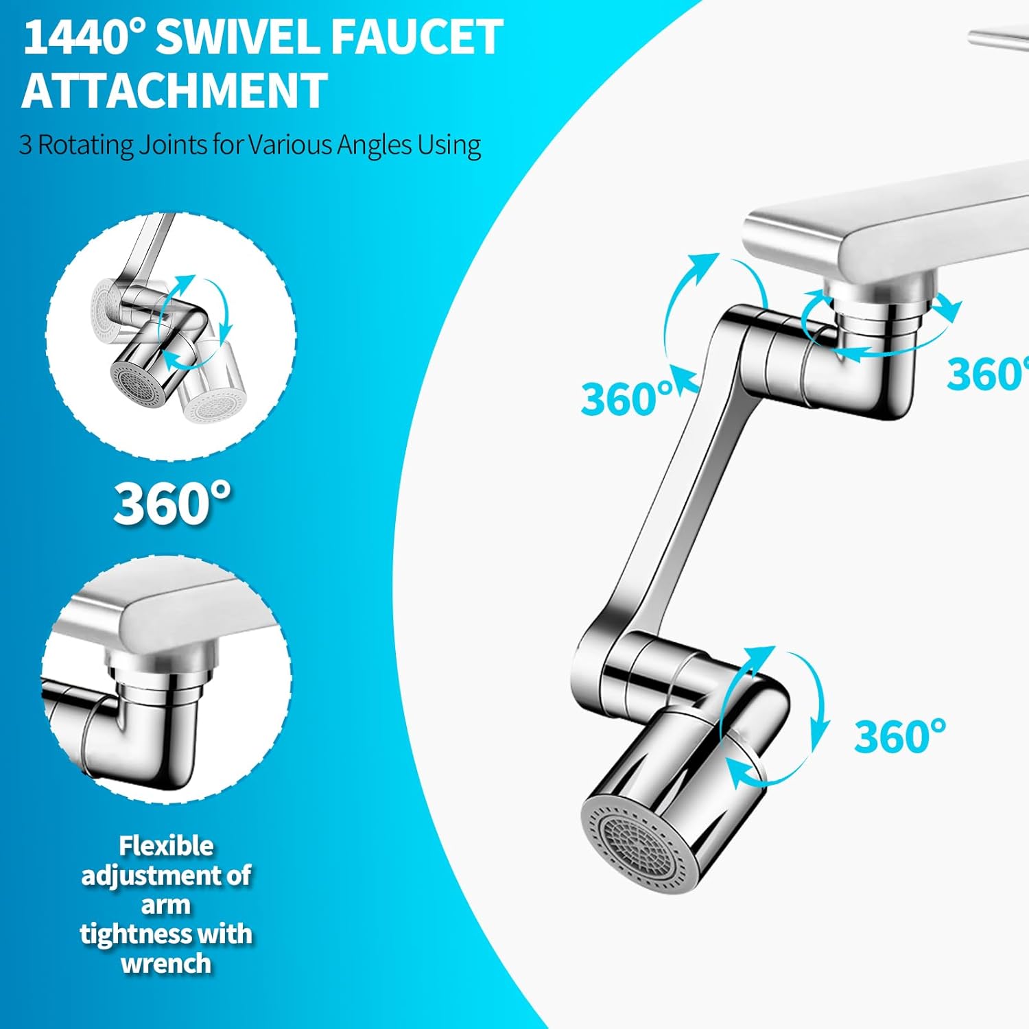 2 Pack 1440° Swivel Faucet Extender Sink Aerator 2 Mode Splash Water Filter Extension Kitchen Bathroom 360° Rotatable Spray Attachment Multifunctional Universal Robotic Arm Wash Hand Hair