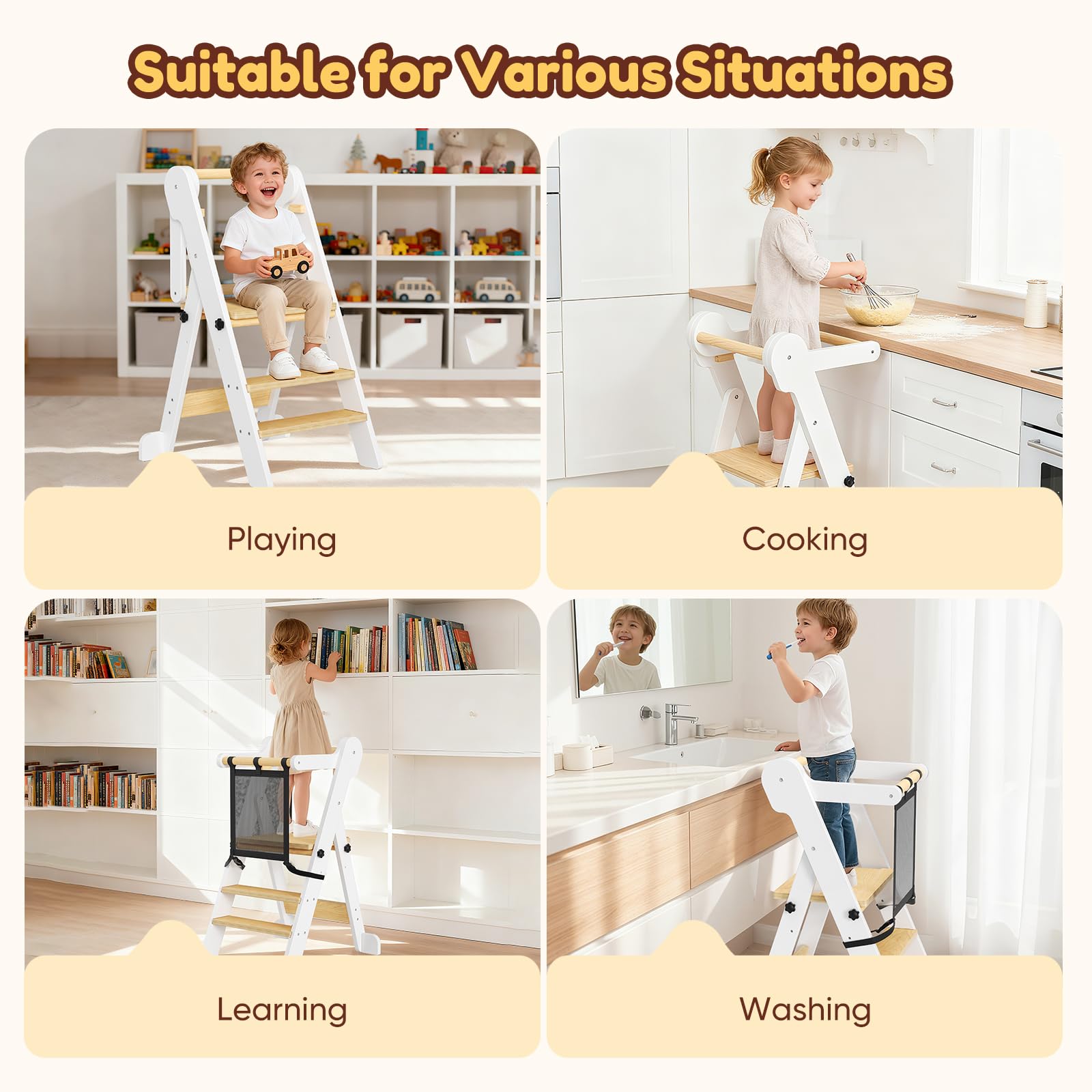 Tour d'apprentissage Montessori Réglable en Hauteur Pliable Anti-Bascule pour Enfants 18 Mois à 6 Ans Bois Naturel