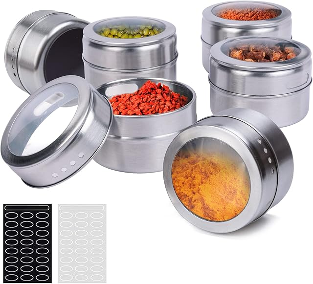 SZILBZ Spice Jars 6 Set, Stainless Steel Transparent Top BBQ Spice Tin Magnetic Storage Containers Stick on Refrigerator and Grill, with 48 Spice Stickers