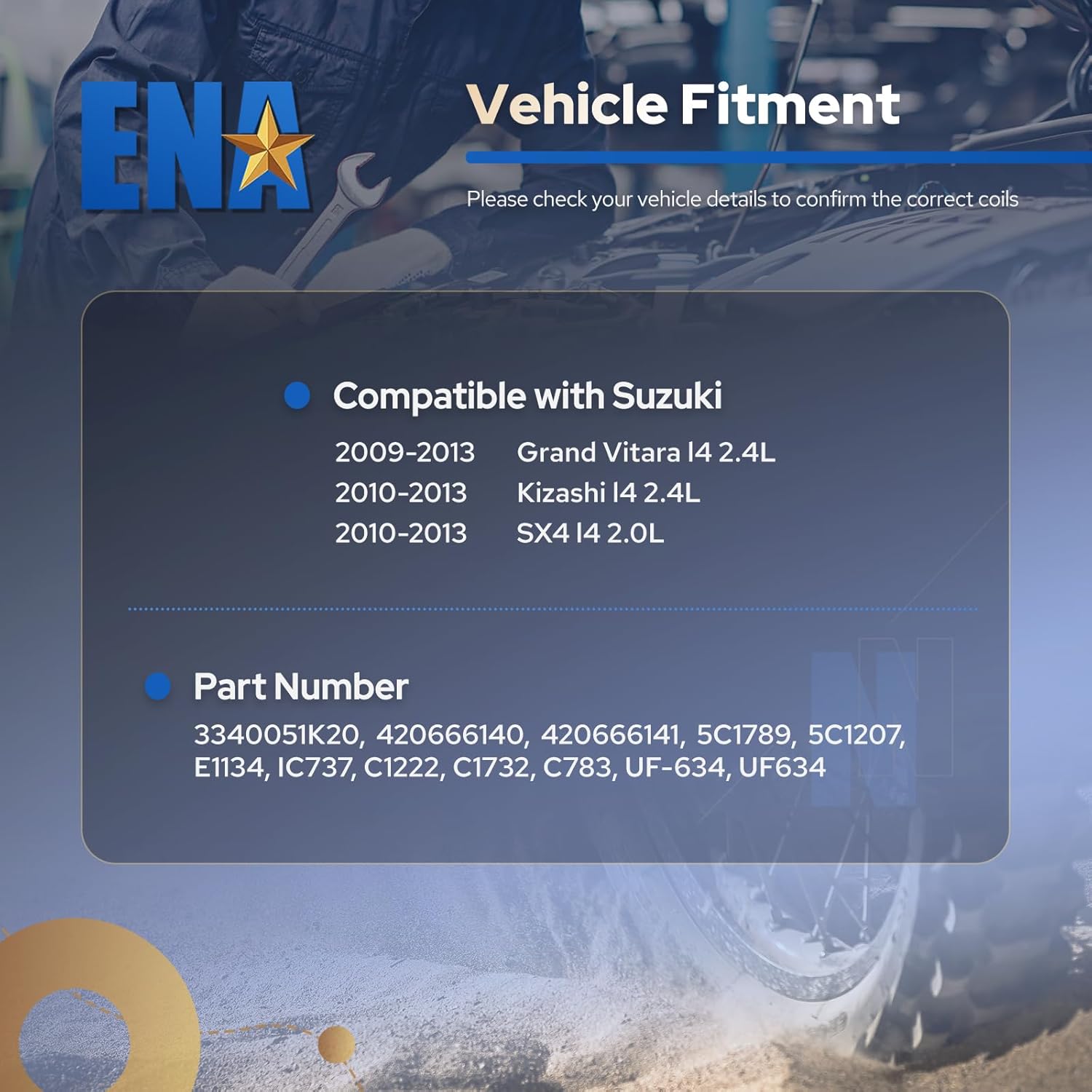ENA Set of 4 Ignition Coil Pack Compatible with Suzuki 2009 2010 2011 2012 2013 Grand Vitara 2.4L, 2010 2011 2012 2013 SX4 2.0L, 2010-2013 Kizashi 2.4 Coils Replacement for UF634 5C1789 3340051K20