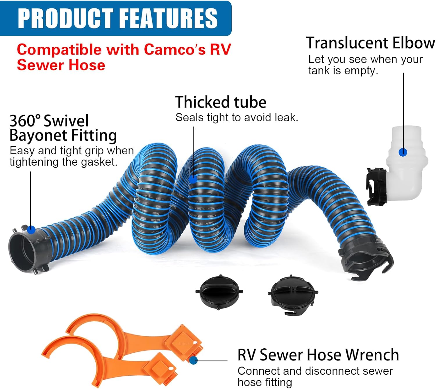 15FT RV Sewer Hose, 24 Mil Heavy Duty TPE Material for Abrasion Resistance and Crush Protection, Camper Sewer Hose Kit with Pre-Attached Bayonet Fittings, 4-in-1 Adapter Elbow and Wrench