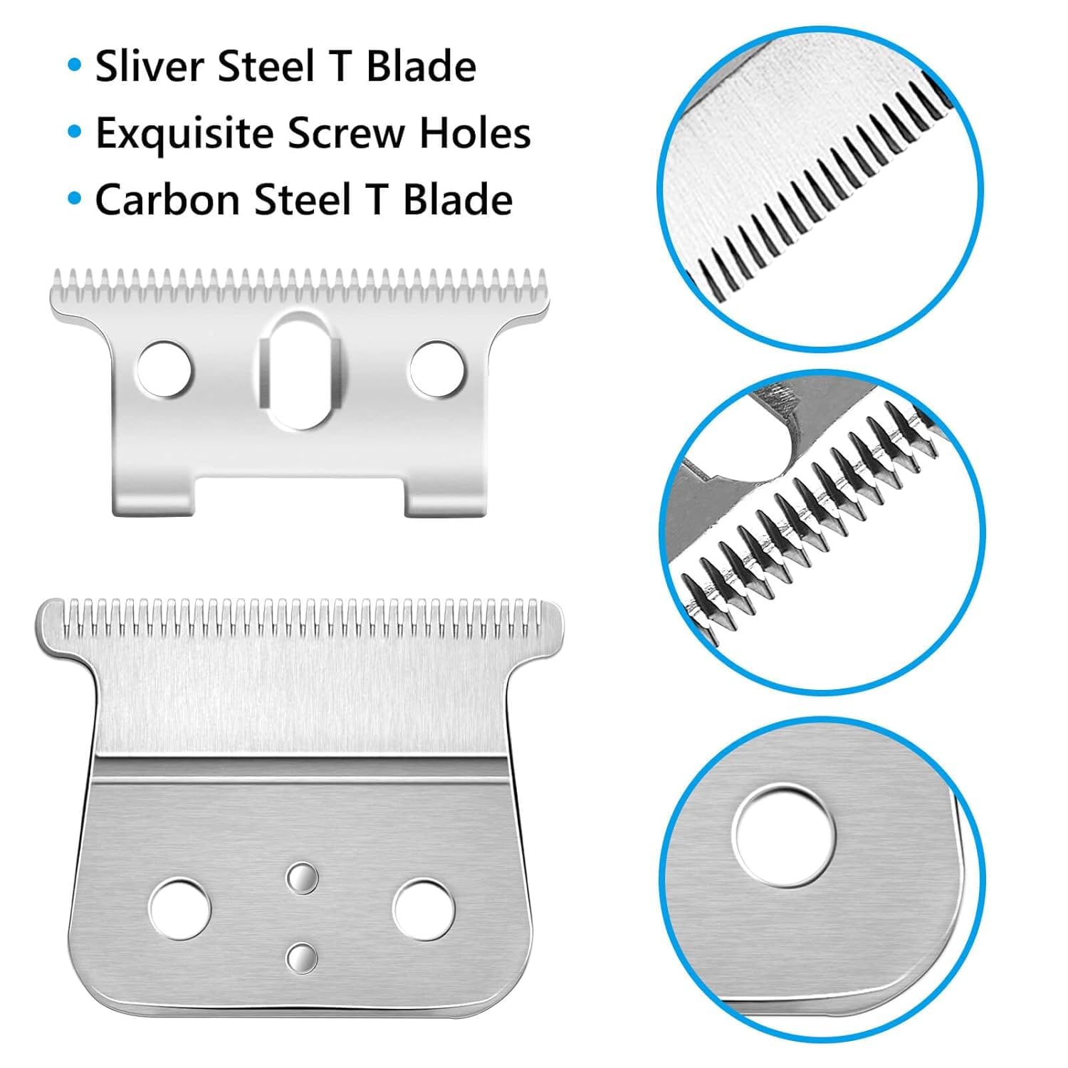 2 Pcak Professional Barber-Grade T-Blade Replacement Compatible with Andis T-Outliner，Barber-Approved T Clipper & Trimmer Blades#04710/04521，Precision Sharp，Zero-Gap Fit (Silver+4 Guards)