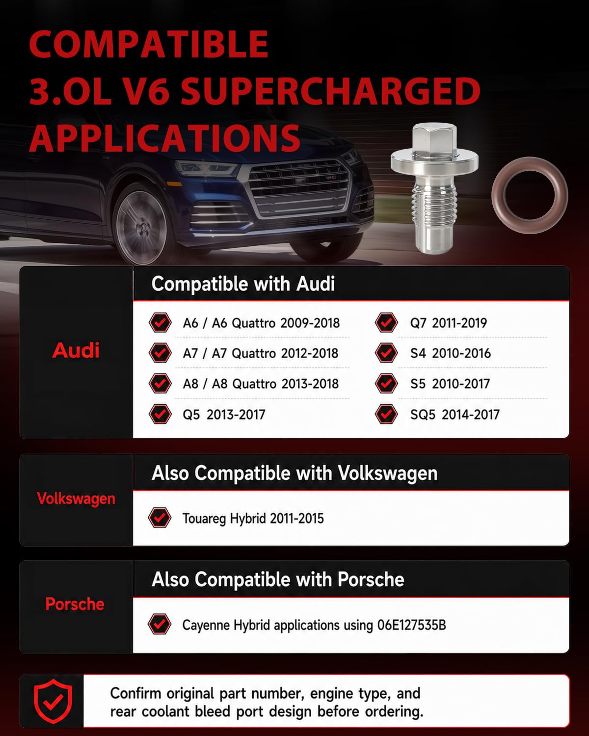 4Pack Supercharger Bleeder Screw Kit, Stainless Steel, Fits Audi A6 A7 A8 Q5 Q7 S4 S5 SQ5 & VW Touareg Hybrid 3.0L 3.0T Supercharged V6, OE 06E 127 535B, Comes with 6 FKM O-Rings