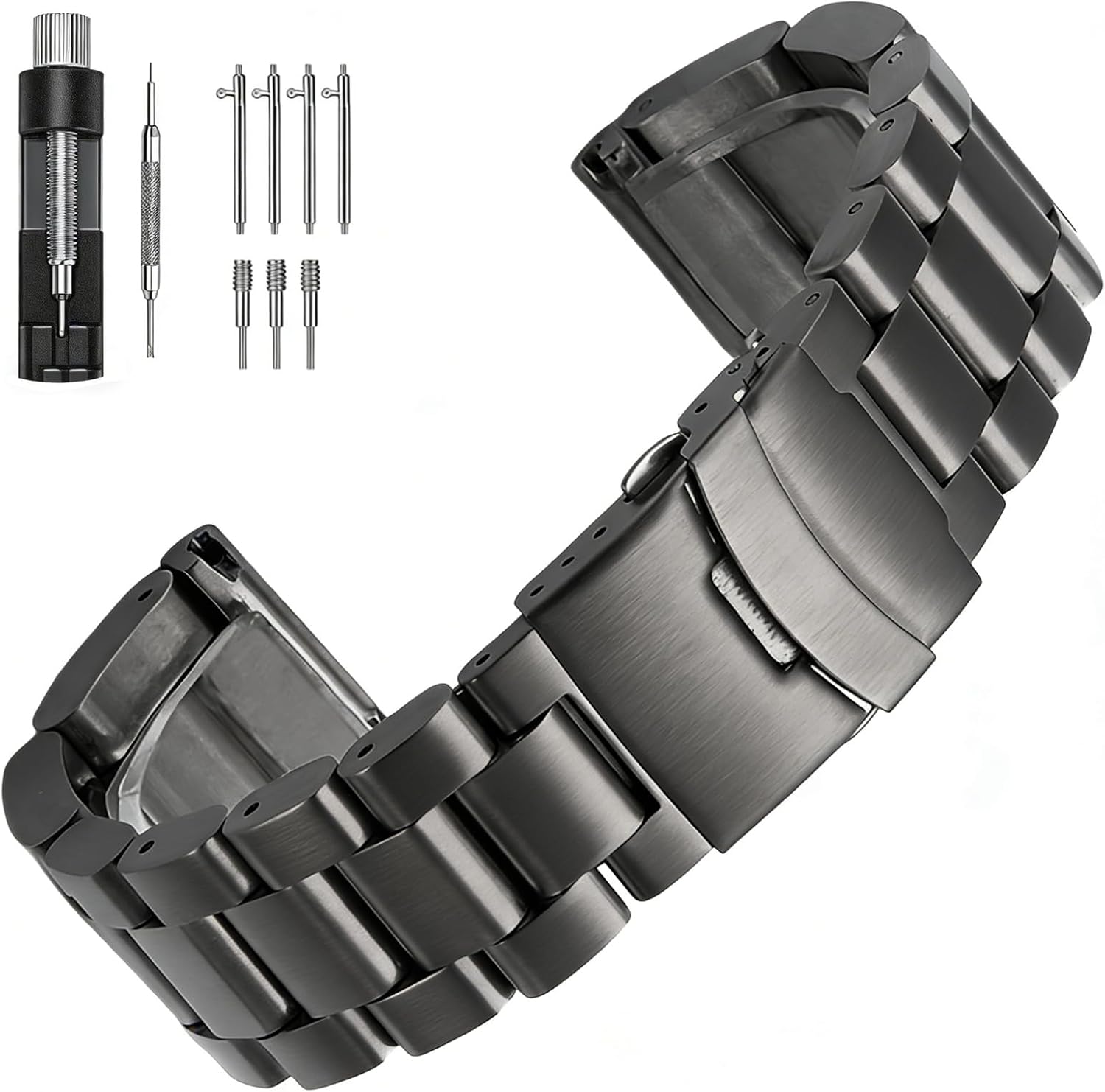 Juntan Stainless Steel Watch Band Heavy Duty Brushed Finish Metal Watch Strap 20mm 22mm 24mm Double Buckle Bracelet Silver Replacement Band