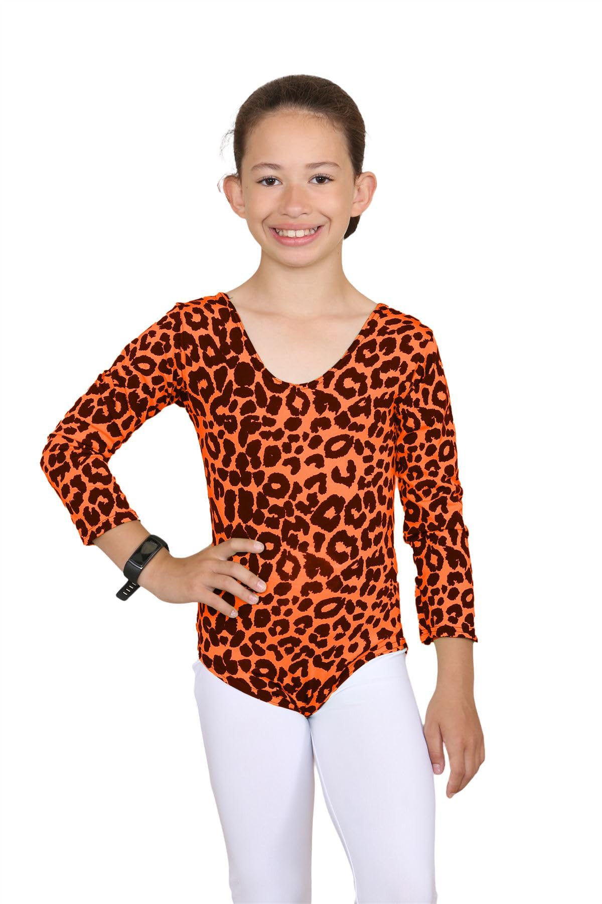 janisramone® Girls Gymnastics Leotards, Long Sleeve Kids Leopard Print Bodysuit, Scoop Neck Stretchy Dance Ballet Leotard for Girls, Soft Microfiber Kids Bodysuit