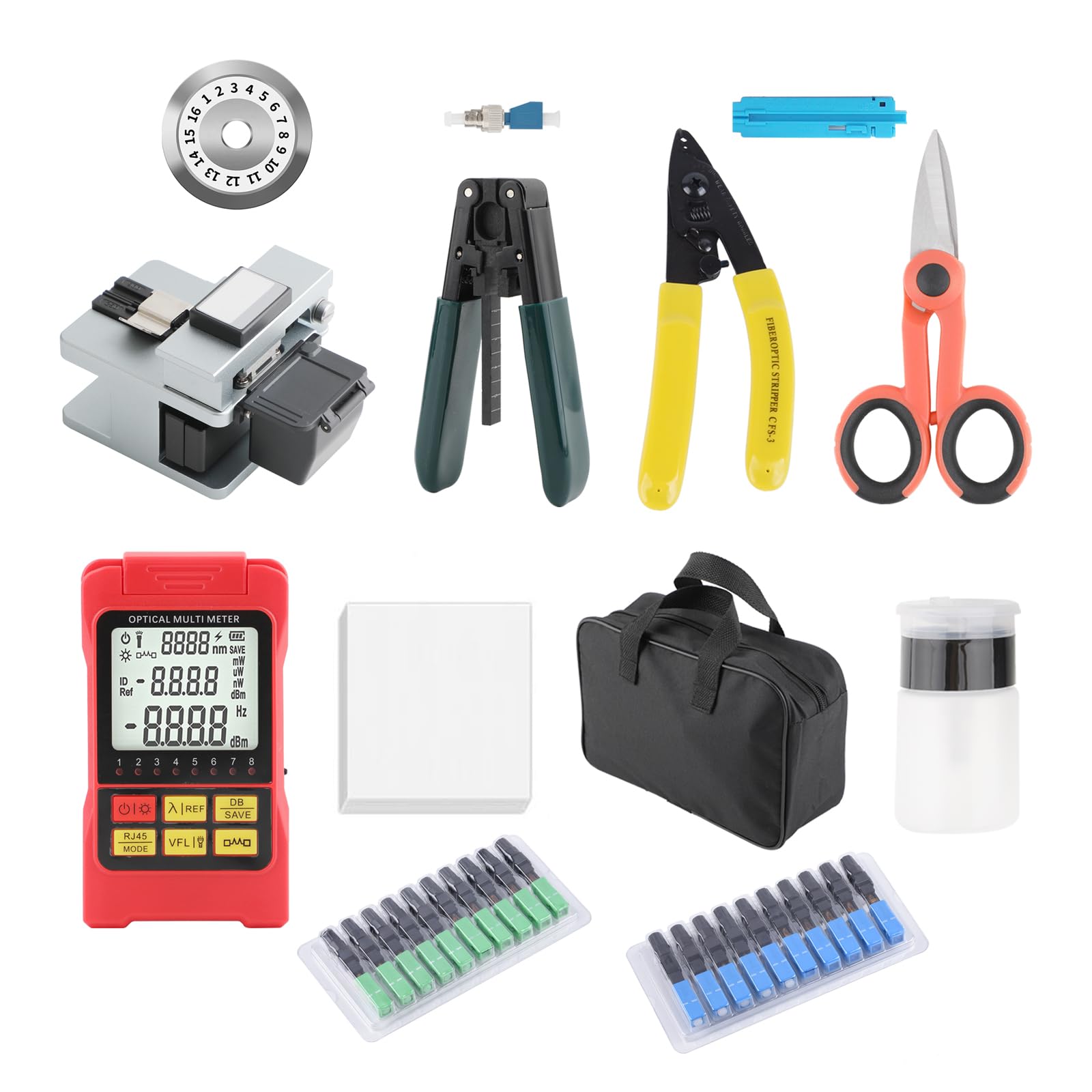 Glasfaser Werkzeug Set Fiber Optic Ftth Tool Kit Glasfaser Werkzeug Set mit LWL Cleaver, Optischer Leistungsmesser, 10x SC/APC SC/UPC Glasfaser Adapter, Glasfaser-abisolierzange und Faser Stripper