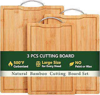 Bamboo Cutting Board, Wooden Cutting Boards for Kitchen with Double Sided Deep Juice Grooves & Wide Handle, Ideal Charcuterie & Chopping Board for Meat, Vegetables and Fruits