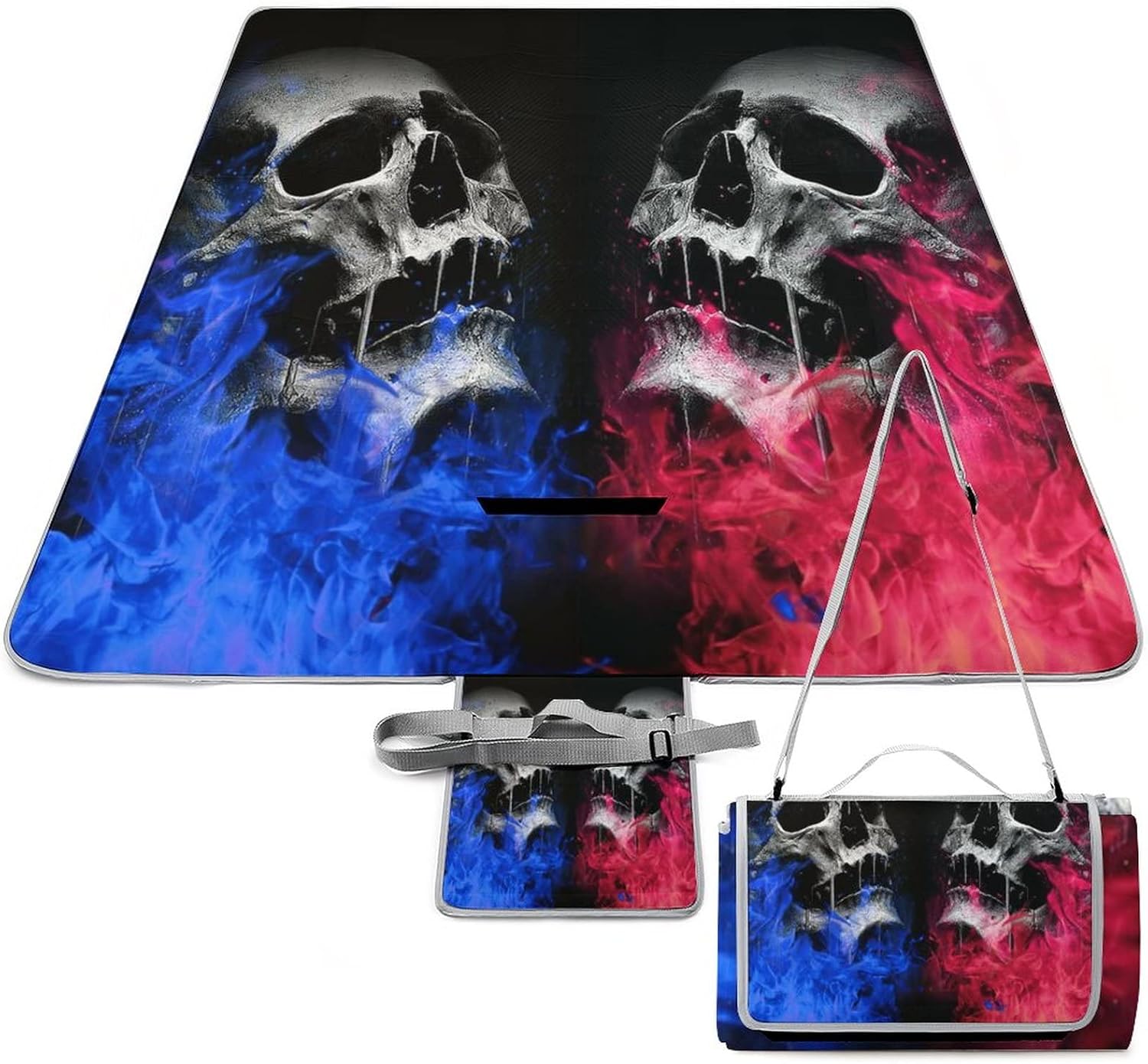 Scary Skull PortableAnd Extra Large Picnic & Outdoor Blanket Fantasy Galaxy Universe Horror Skeleton Pink Cyan for Outdoor Picnics, Beach, Camping 58.3x58.3 Inch