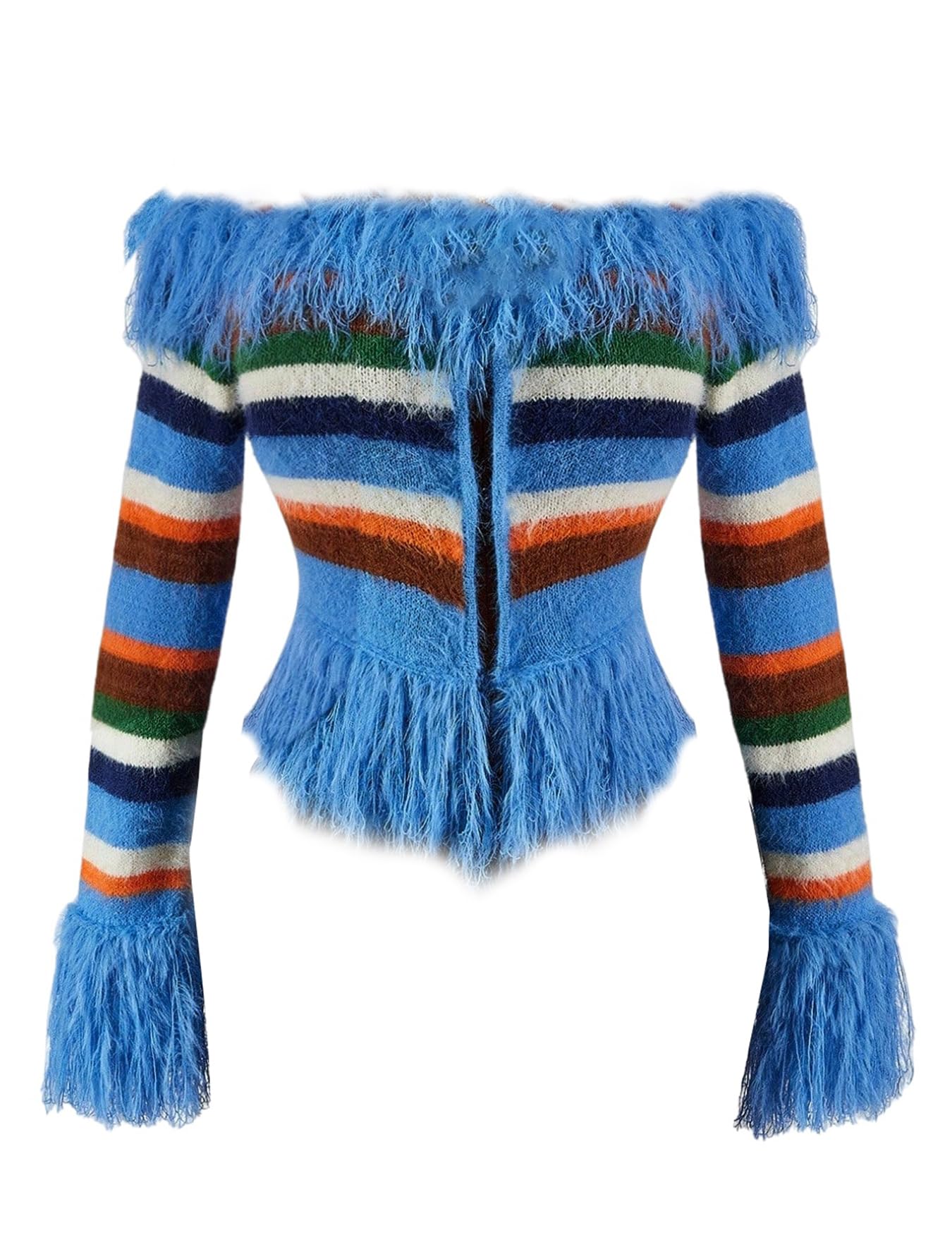 GORGLITTER Womens Fuzzy Colorful Cropped Sweater Striped Off The Shoulder Y2K Long Sleeve Cardigan