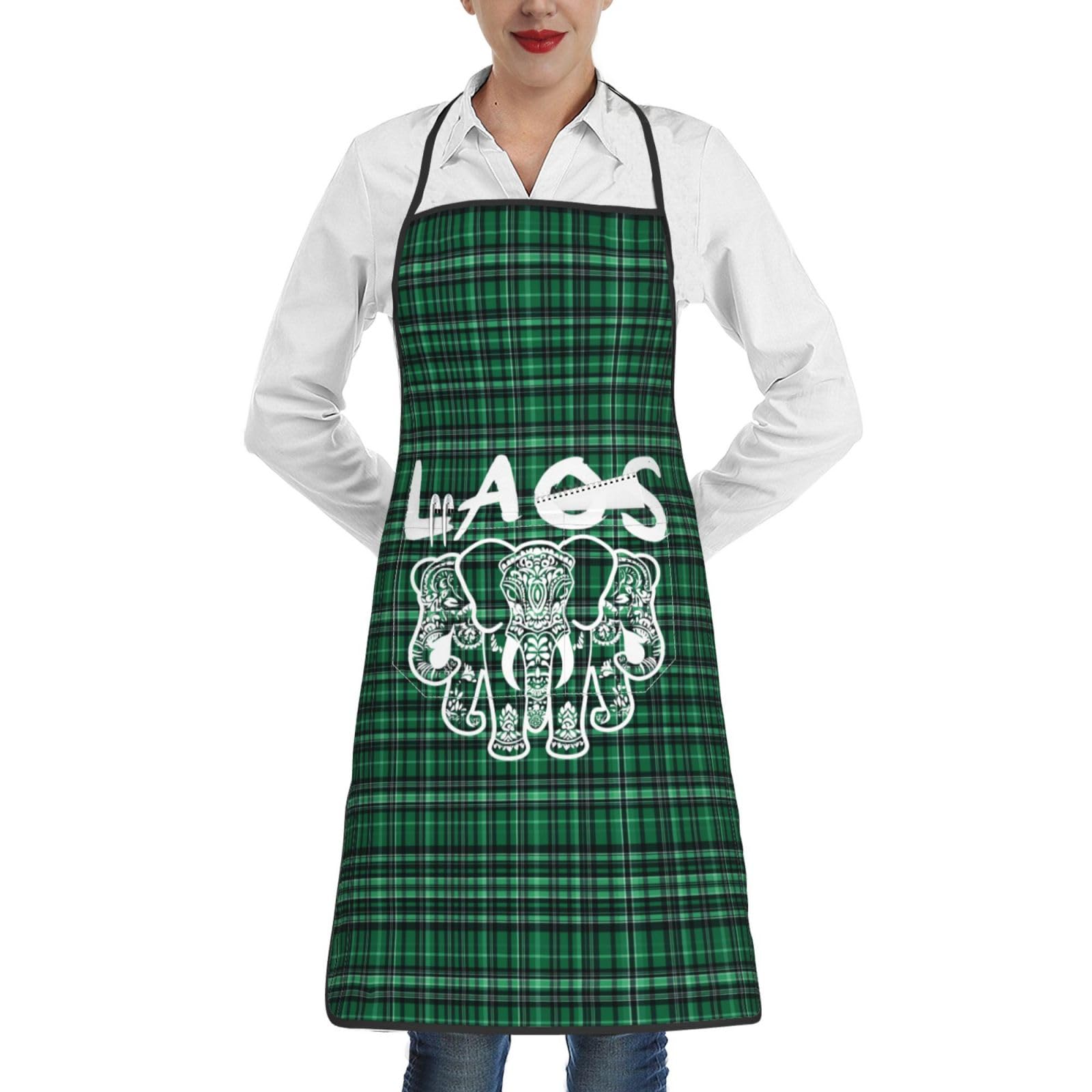nopicsn Laos Three Headed Elephant Apron for cooking with Pockets Women Men Kitchen Chef Funny Aprons