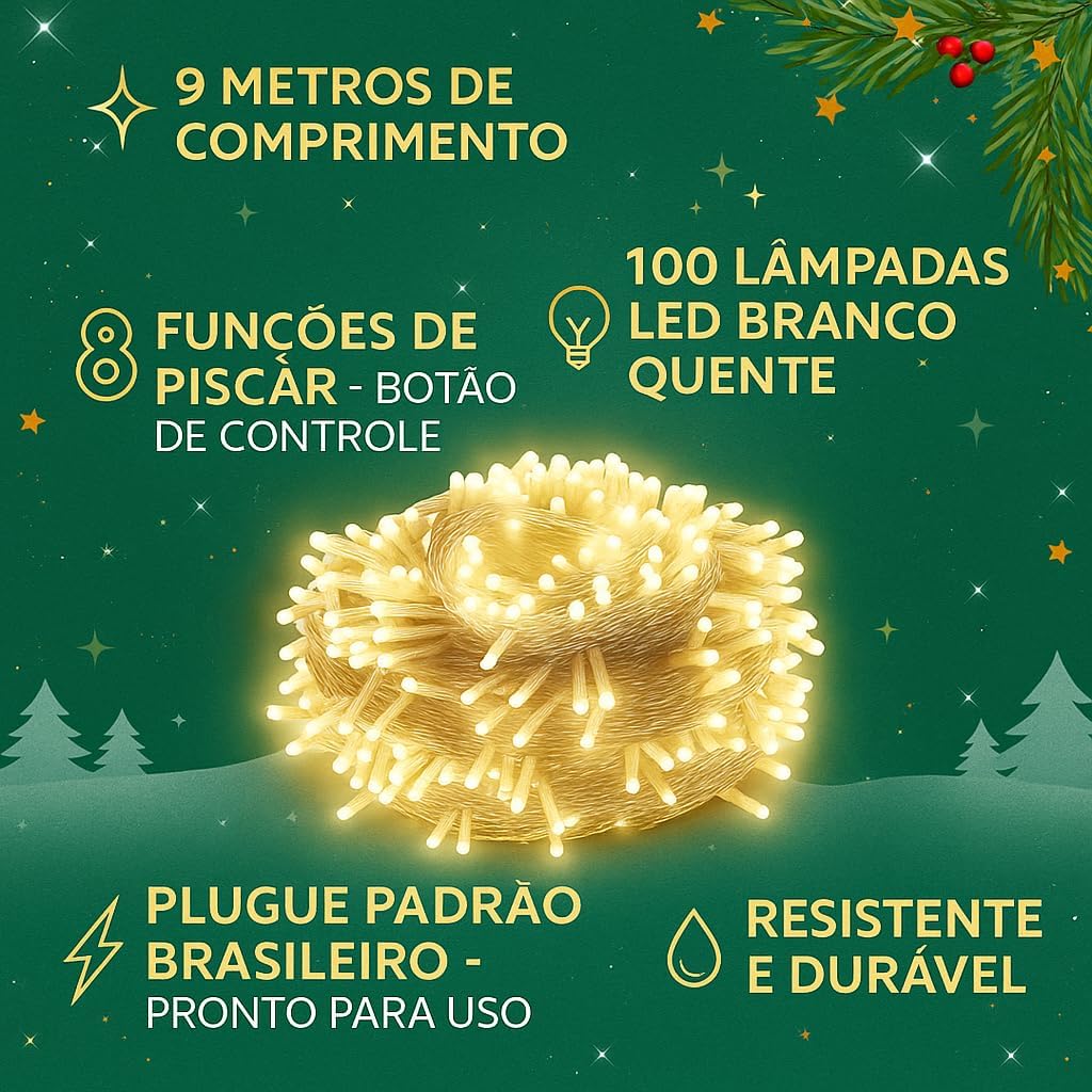 Luminária Pisca Cordão 100 Leds 8 Metros Natal Decoração Luzes Piscante Branco Quente (220) Luminária Pisca Cordão 100 Leds 8 Metros Natal Decoração Luzes Piscante Branco Quente (220)