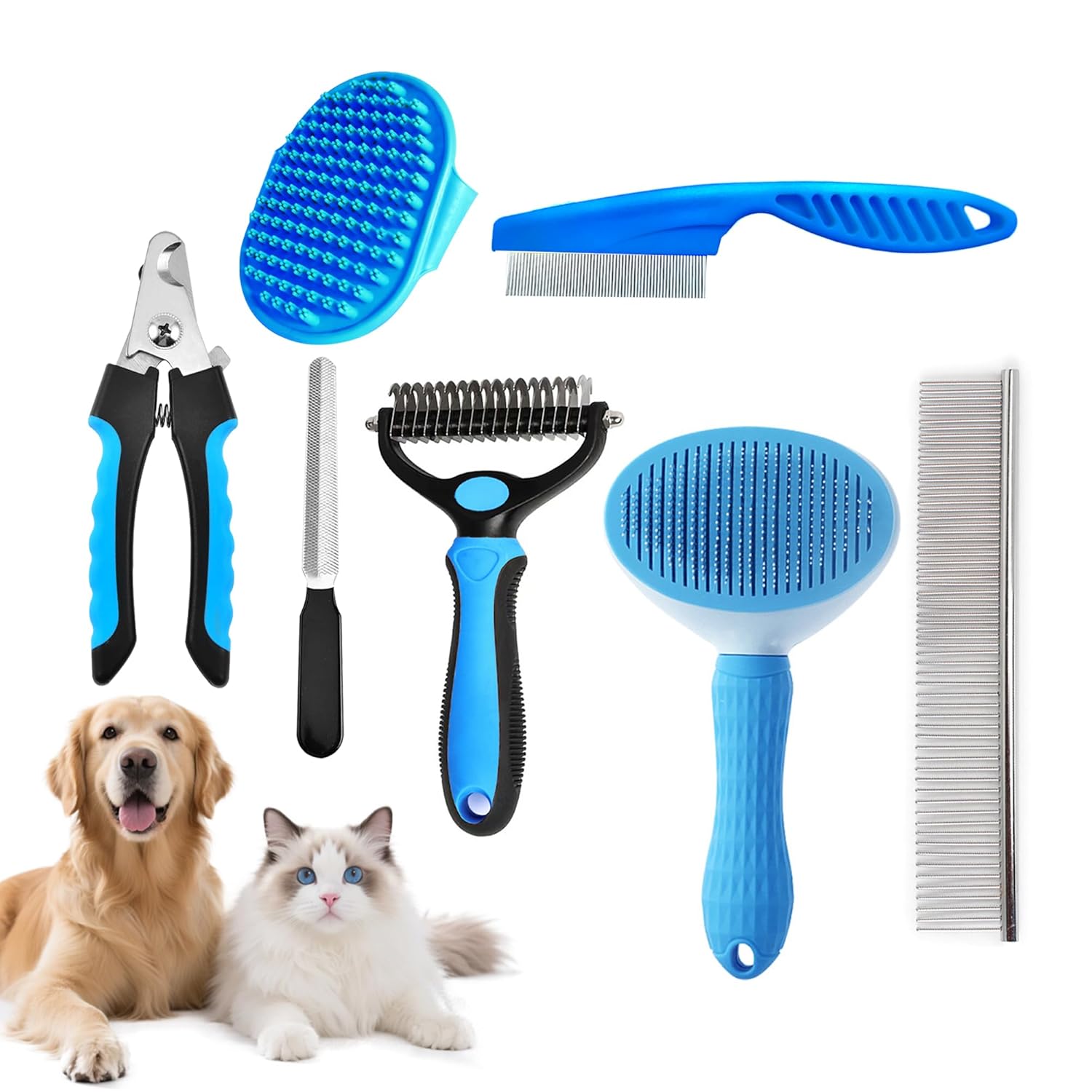 7PCS Dog Grooming Brush Kit for Shedding and Matted Fur, Self-Cleaning Slicker Brush with Undercoat Rake, Flea Comb for Long-Haired Pets, Blue