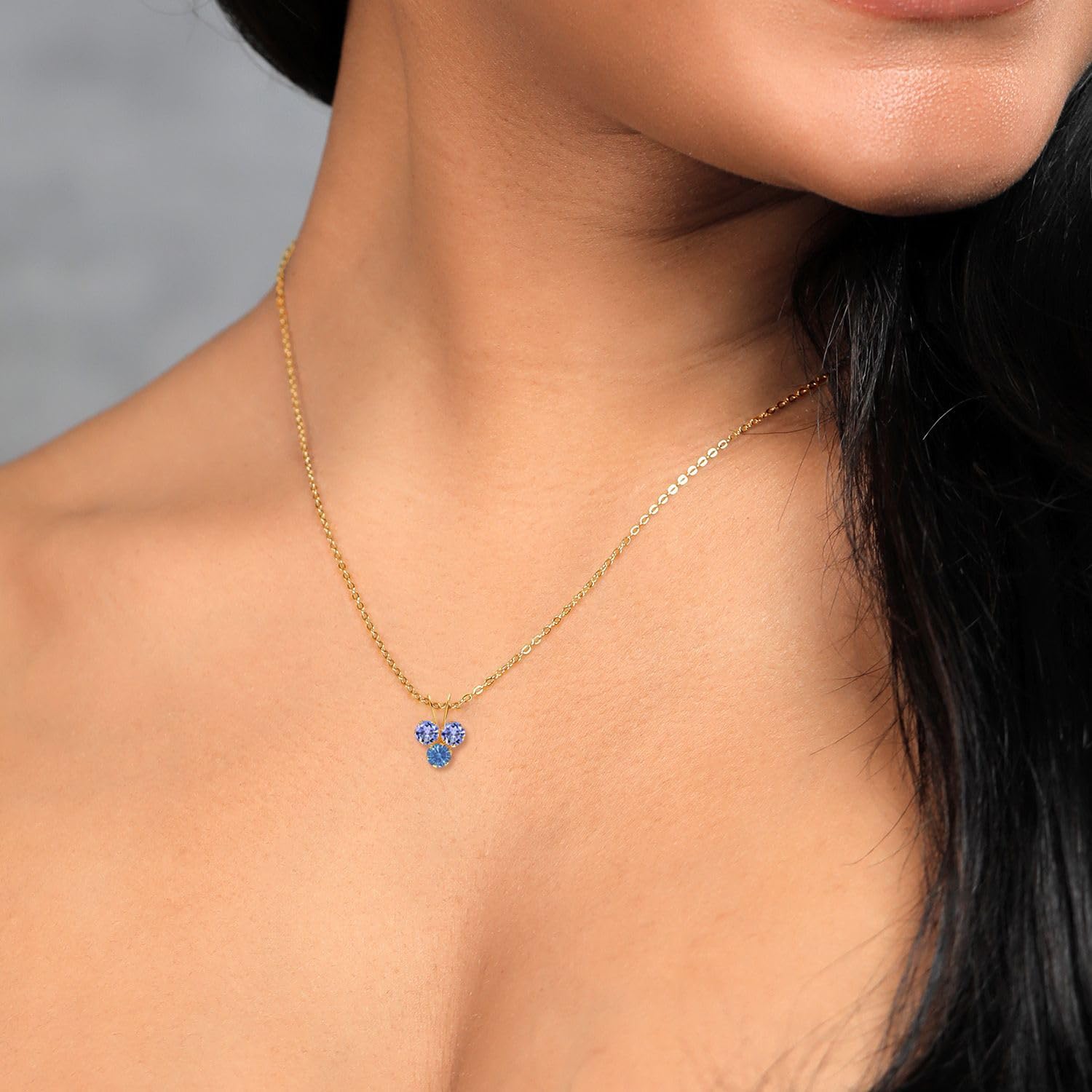 Gem Stone King 14K Yellow Gold Blue Tanzanite and Fancy Blue Zirconia 3-Stone Pendant Necklace For Women (0.41 Cttw, Gemstone December Birthstone, Round 3MM, 18 Inch Chain) - Image 4