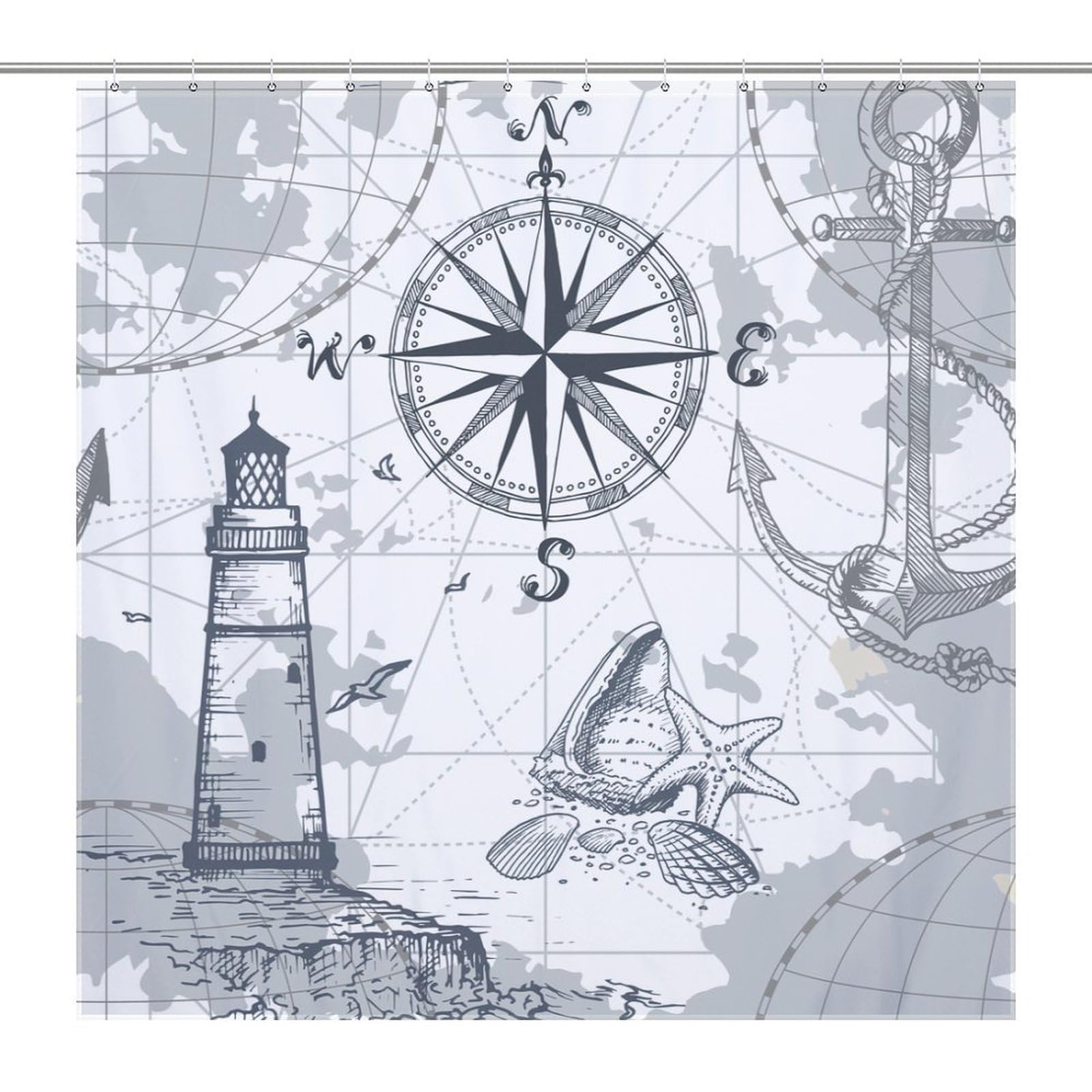 BenYaSong Nautical Lighthouse Shower Curtain, Sailboat Coastal Compass Anchor Polyester Waterproof Cloth Bathroom Curtain with 12 Hooks 36x72Inch（92x183cm）