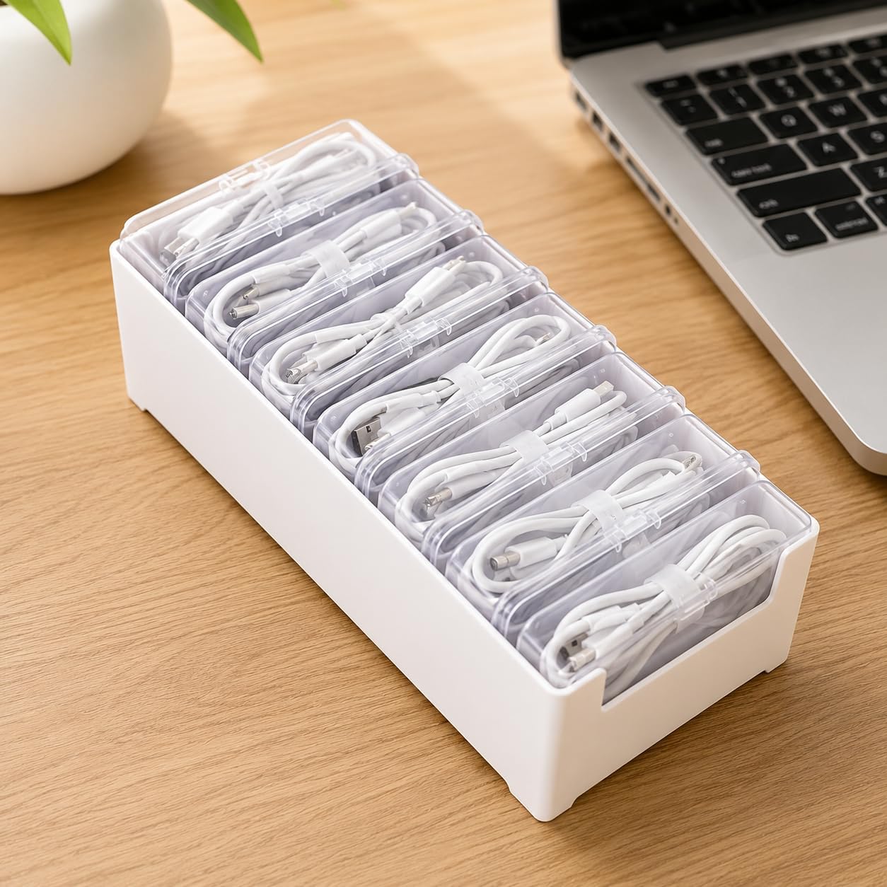 Cable Organizer Box with 7 Removable Clear Storage Cases, Tangle Free Charging Cord Organizer for Desk, Home Office Travel Electronic Accessories