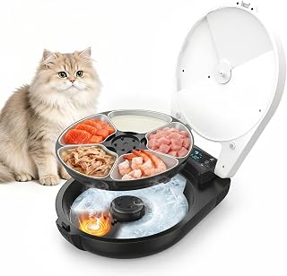Futterautomat Katze Nassfutter mit Halbleiter-Kühlung & Heizung, 3 Tage Frisch Nassfutterautomat für Katzen, Programmierbarer Futterautomat für 5 Mahlzeiten, 304 Edelstahlschalen Leicht zu Reinigen