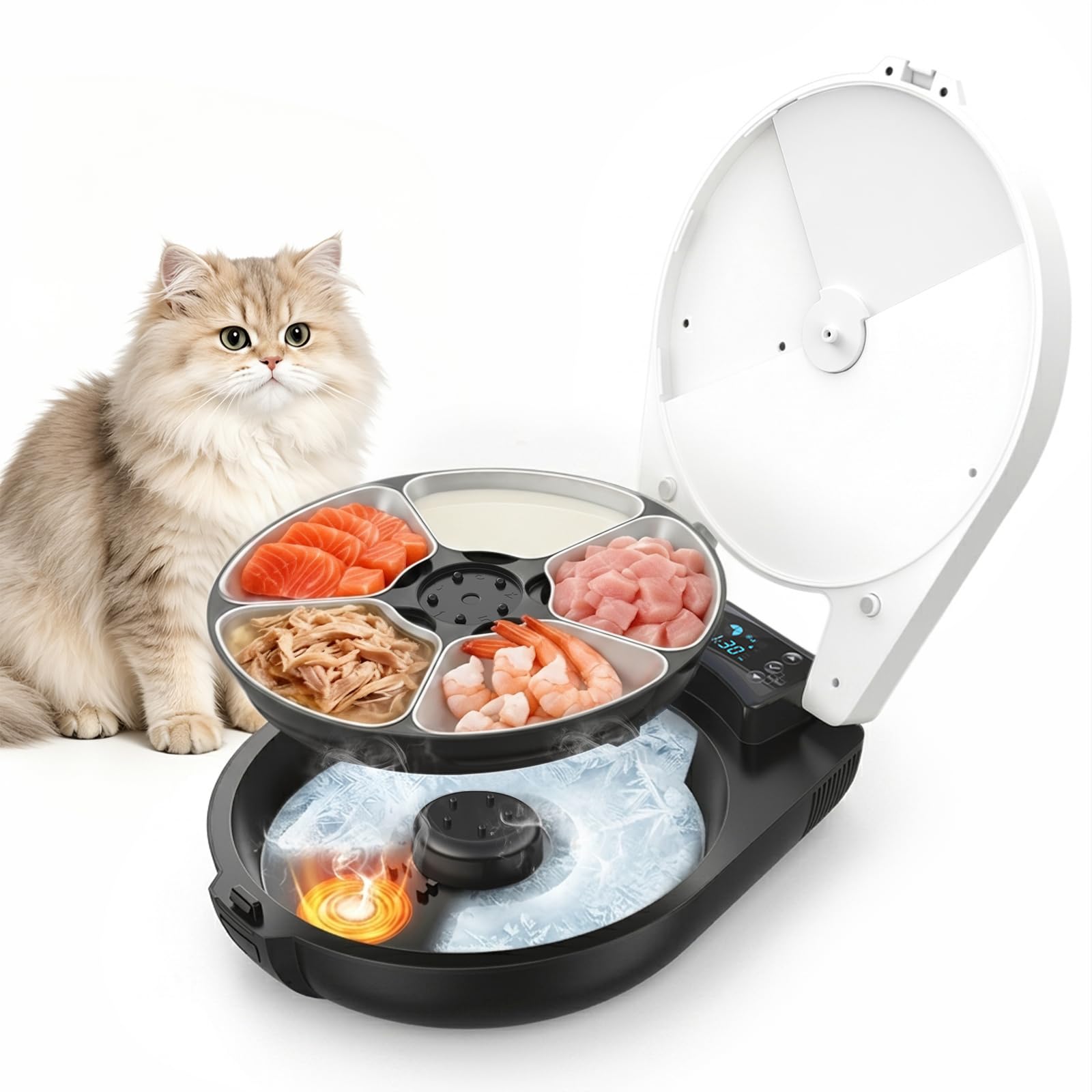 Comedero automático para gatos con refrigeración, función de temporización, 5 compartimentos, tecnología de refrigeración de semiconductores