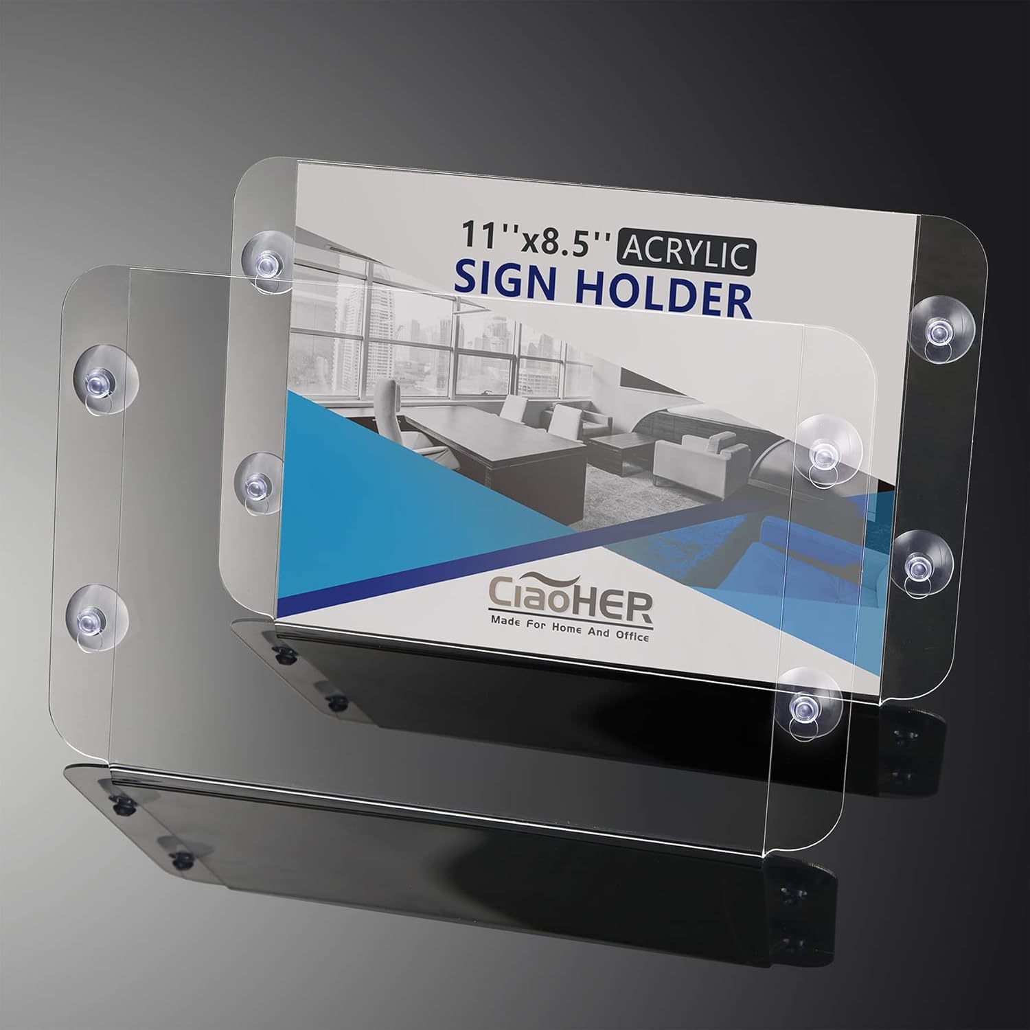 CiaoHER Acrylic Sign Holder 11 x 8.5, Clear Acrylic Frames Glass Window Wall Mount Advertising Signage Sign Holder with 4 Suction Cups for Mall, Office, Home, Restaurant, Landscape （6 Pack）