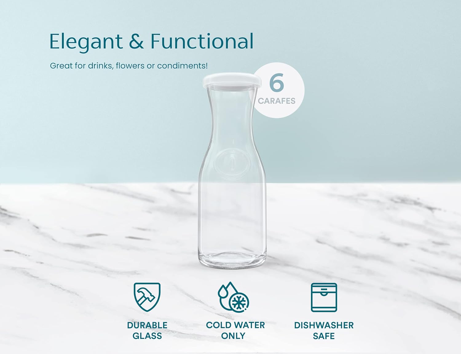 Glass Carafe Pitchers, by Kook, Mini Carafes- set of 6, Beverage Dispensers, Clear Jugs For Mimosas, Water, Wine, Milk and Juice, with Plastic Lids, Dishwasher Safe 17.3 oz - Image 7