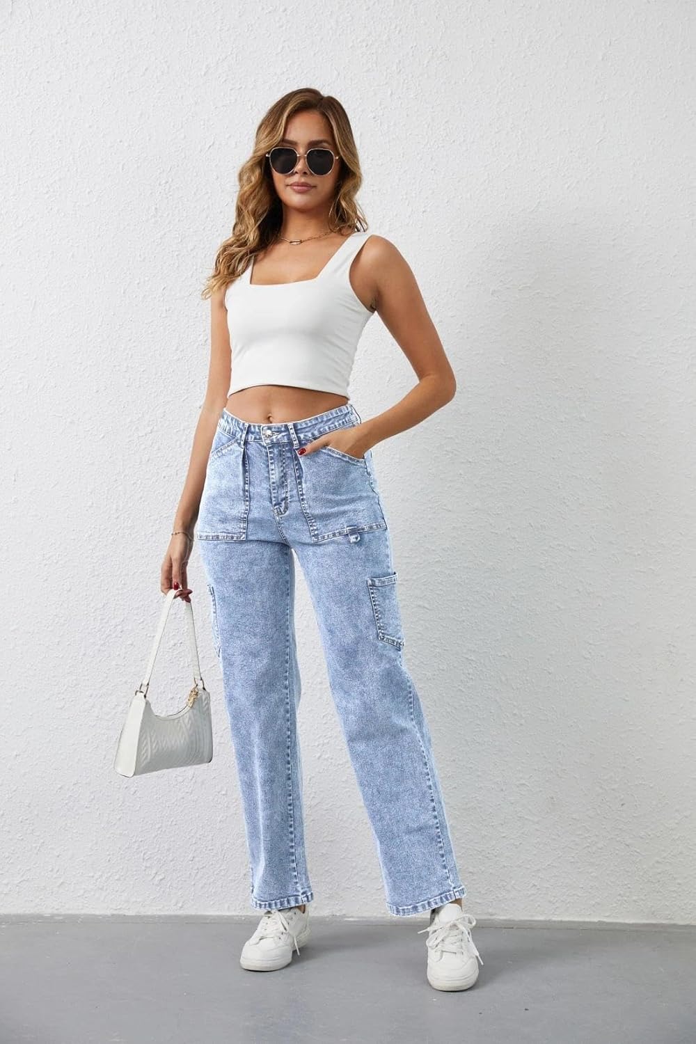 Sweezarmo Women's Cargo Jeans High Waisted Solid Color Denim Casual Stretch Elastic Waist Joggers with Pocket - Image 4