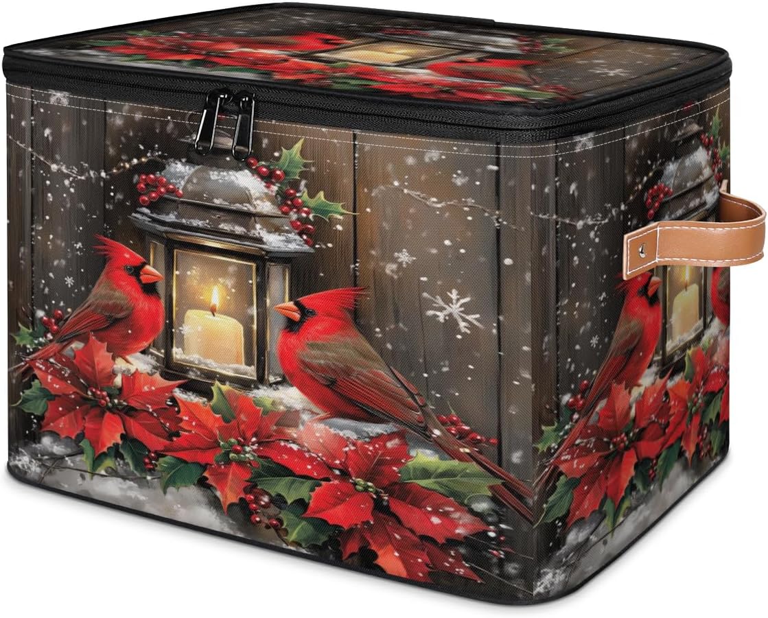 Storage Bin Set of 2 Christmas Birds Storage Basket with Zipper Lid & Handle Foldable Closet Shelf 2 Pack Cloth Organizer Basket Cube Bins for Bedroom, Nursery