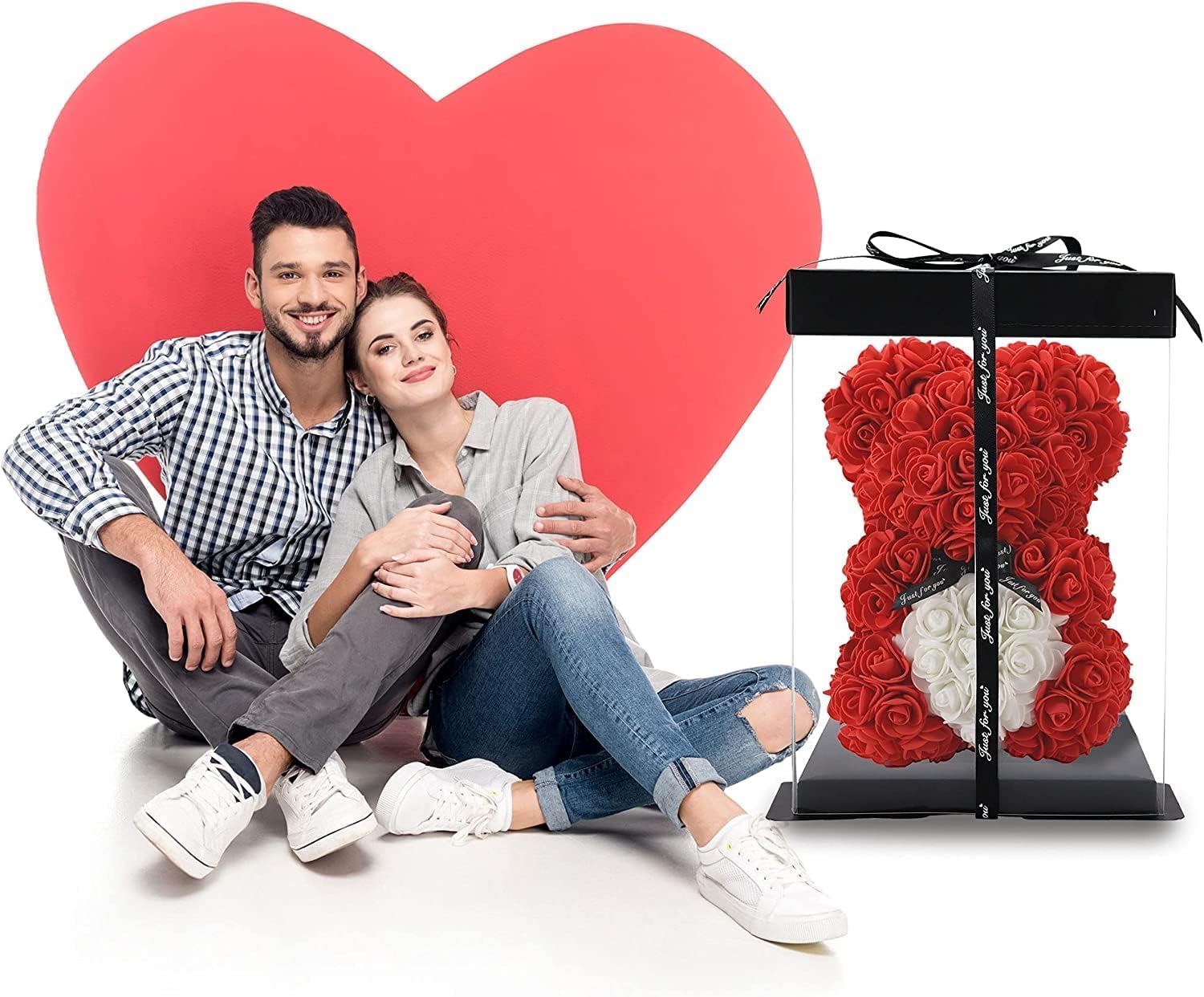Orso di Rose con cuore rosso 40cm, fatto con Rose, già confezionato regalo per San Valentino, orsetto per fidanzata, Amica, orsacchiotto, teddy bear in Italia (ROSSO CUORE BIANCO, 40cm)