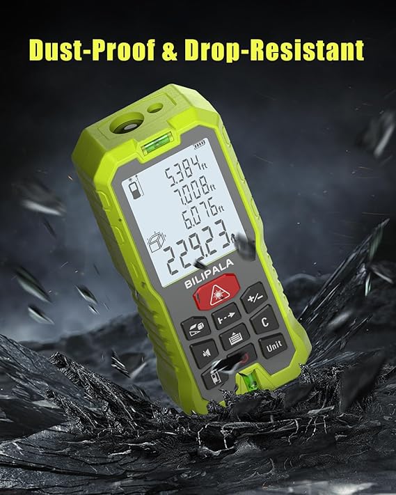 Laser Measure, 165ft Digital Laser Distance Meter with 2 Bubble Levels, 2 Backlit LCD, High Precision Laser Measuring Tool,Area Measurement,Volume and Pythagoras, Mute, Battery Included
