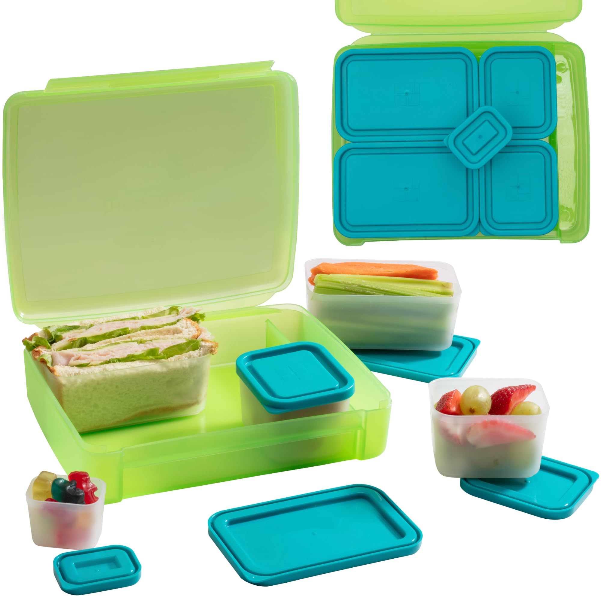 Bento Lunch Box Set w 5 Leakproof Made-to-Size Snack Containers & Built-In Utensil Holder- Meal Prep Made Easy w Reusable, Kid's Back to School or Office- Durable, BPA Free, Dishwasher Safe