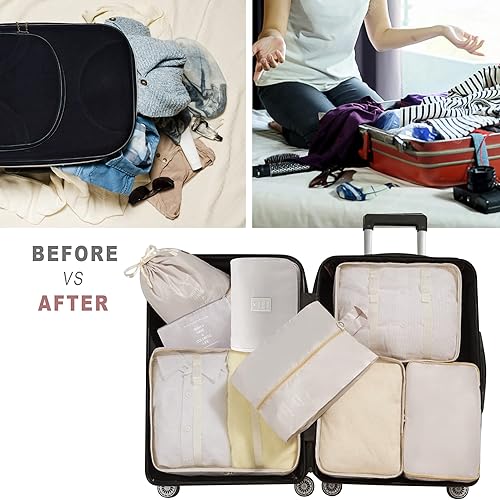 Vista 5 de Cubos de embalaje, 8 organizadores de embalaje de viaje para maletas, juego de organizadores de equipaje de viaje de gran capacidad incluye 8 bolsas