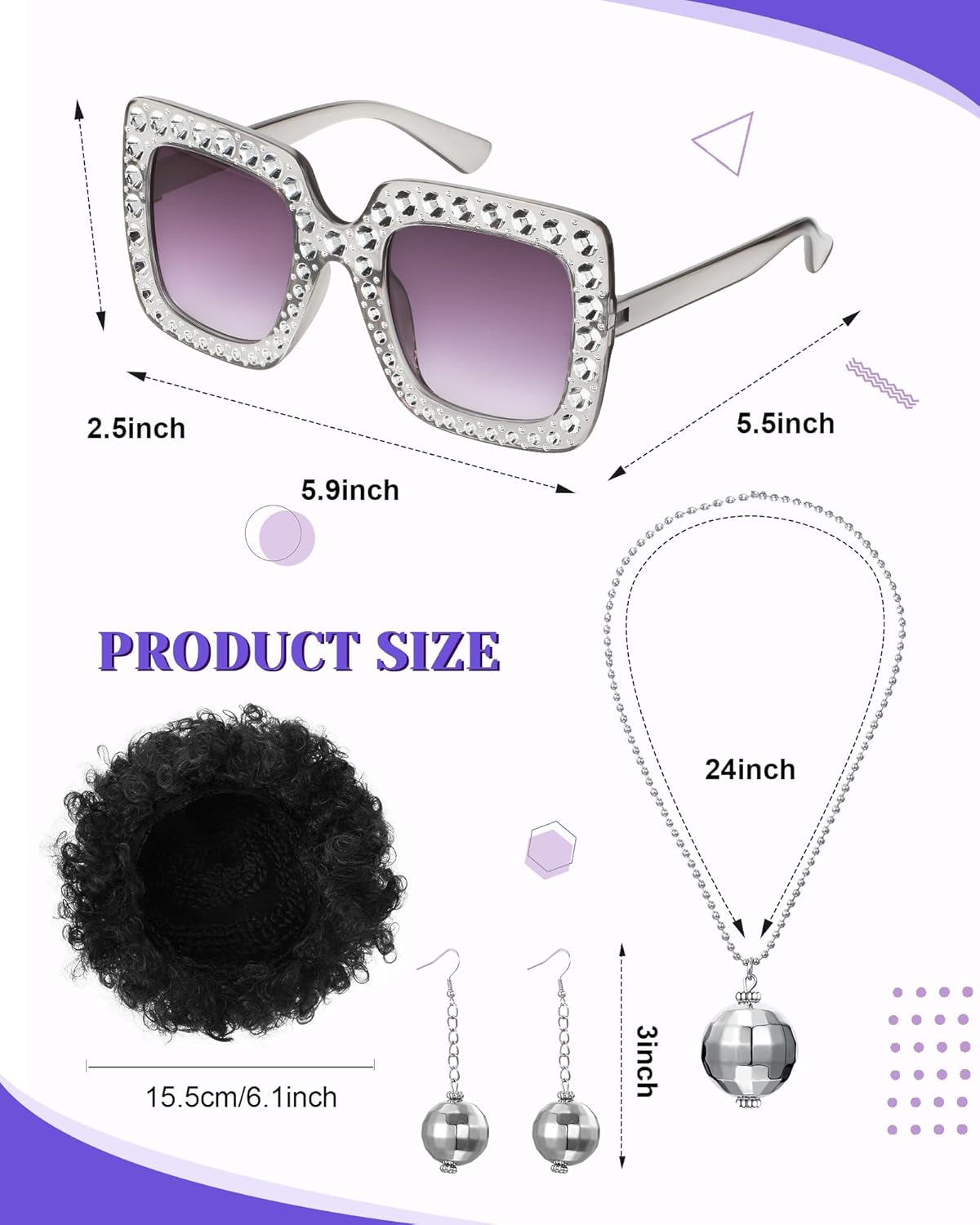 Jexine 70s Women Disco Outfit Costume Disco Party Top Pants Sunglasses Ball Necklace Earring Wig for Halloween New Year Eve - Image 3