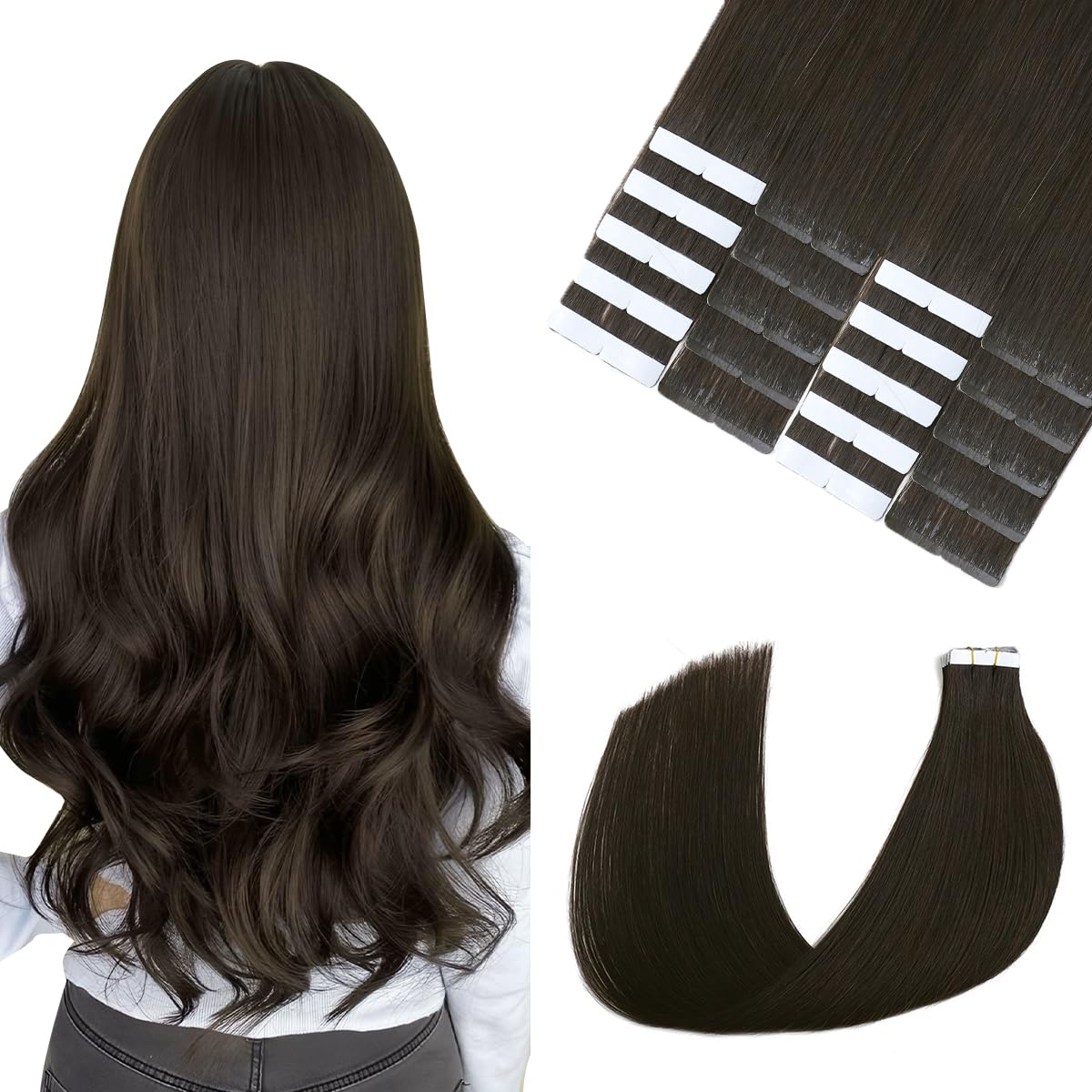 Sindra Tape In Hair Extensions Human Hair 50g 16 Inch 20pcs Dark Brown SeamlessTape in Hair Extensions Silky Straight Remy Tape in Extensions for Women #2 16"