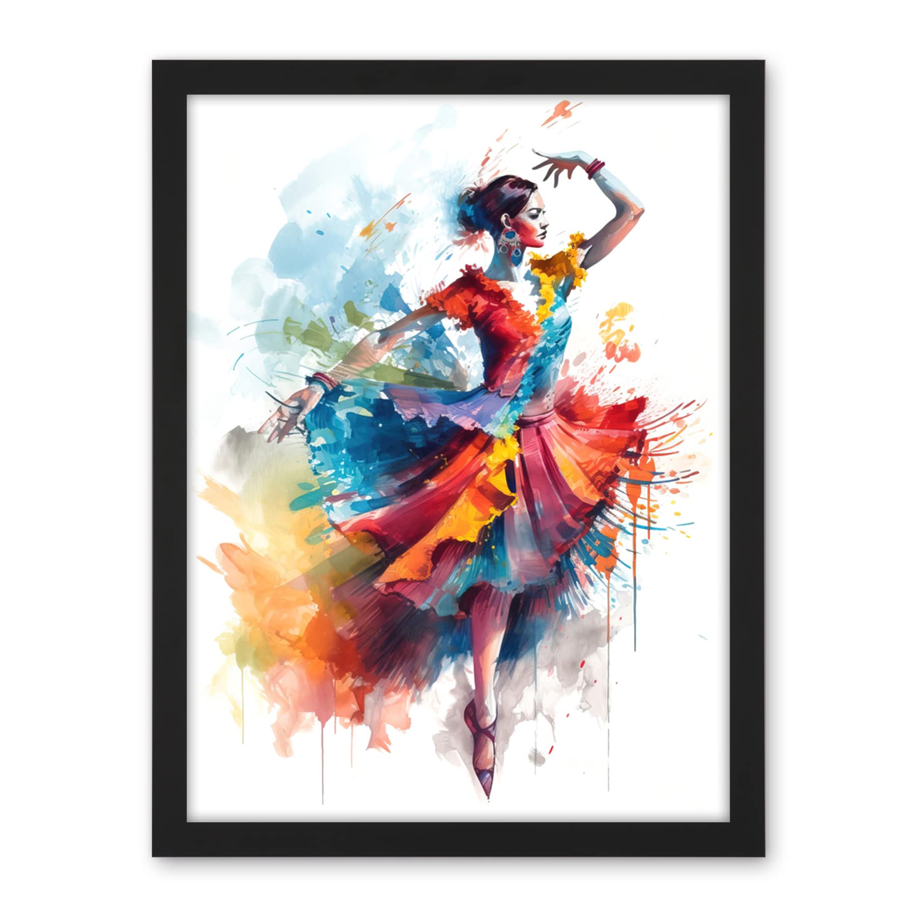Artery8 Flamenco Dancer in Motion Rainbow Colour Dress Dance Modern Watercolour Painting Artwork Framed Wall Art Print 18X24 Inch