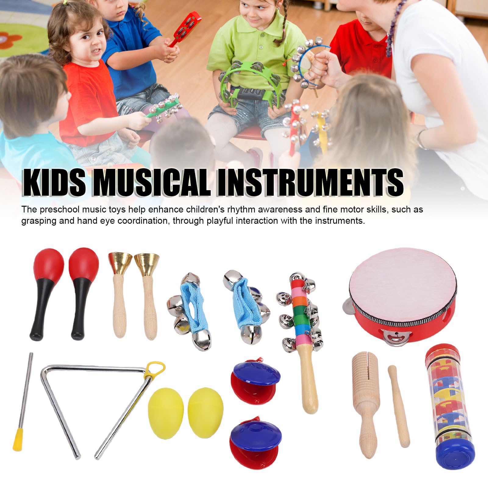 Alomejor Strumenti Musicali per Bambini, Set di Percussioni con Tamburello, Battagli Maracas, Legno ABS per Bambini Dai 3 Agli 8 Anni