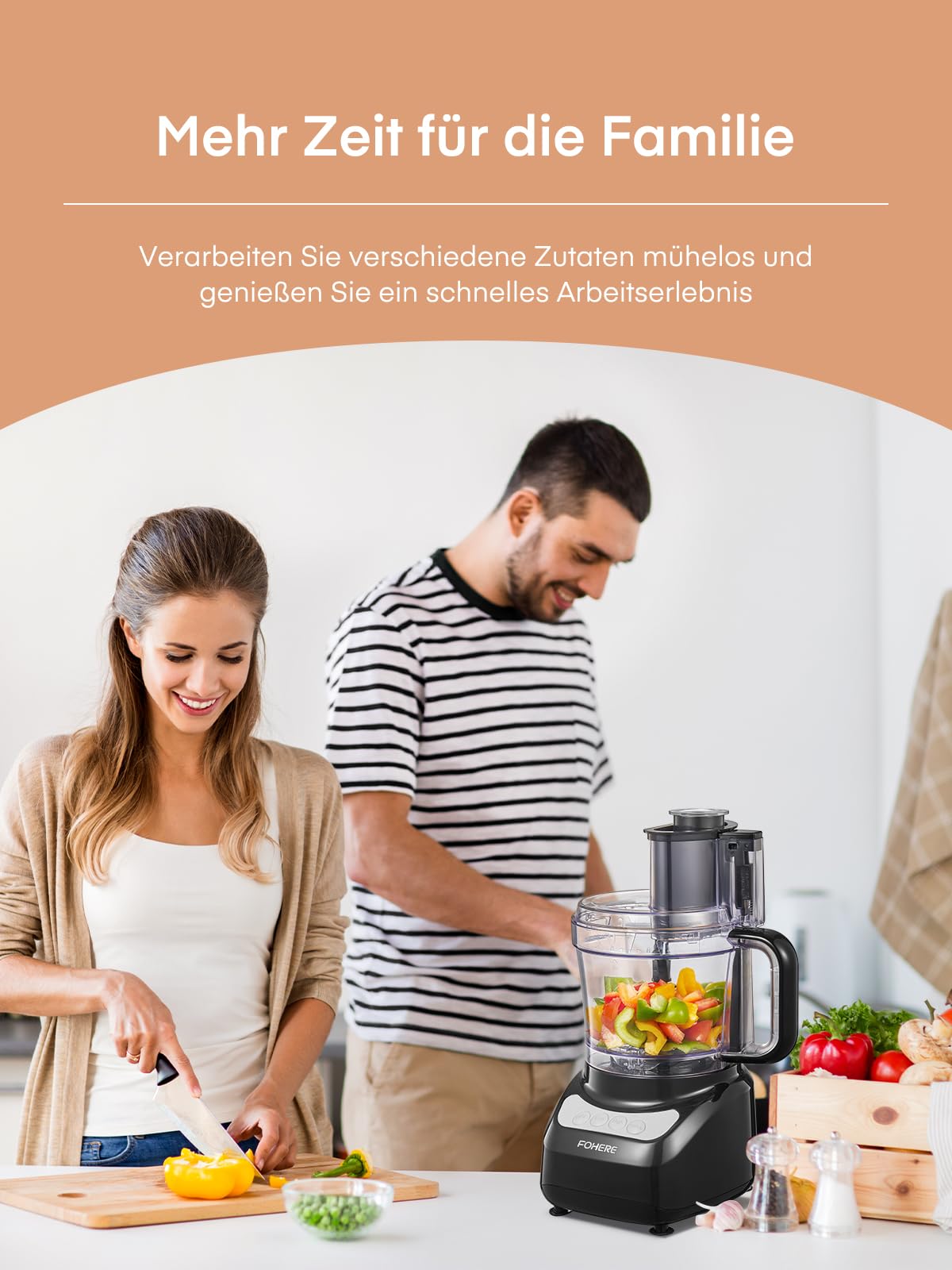 FOHERE Küchenmaschine 2,1 L, 2-in-1-Doppeleinfüllschacht | 2 Geschwindigkeiten + Puls, Edelstahlklingen, Ohne Vorschneiden, Hacken, Raspeln, Schneiden, Mixen & Teig Kneten